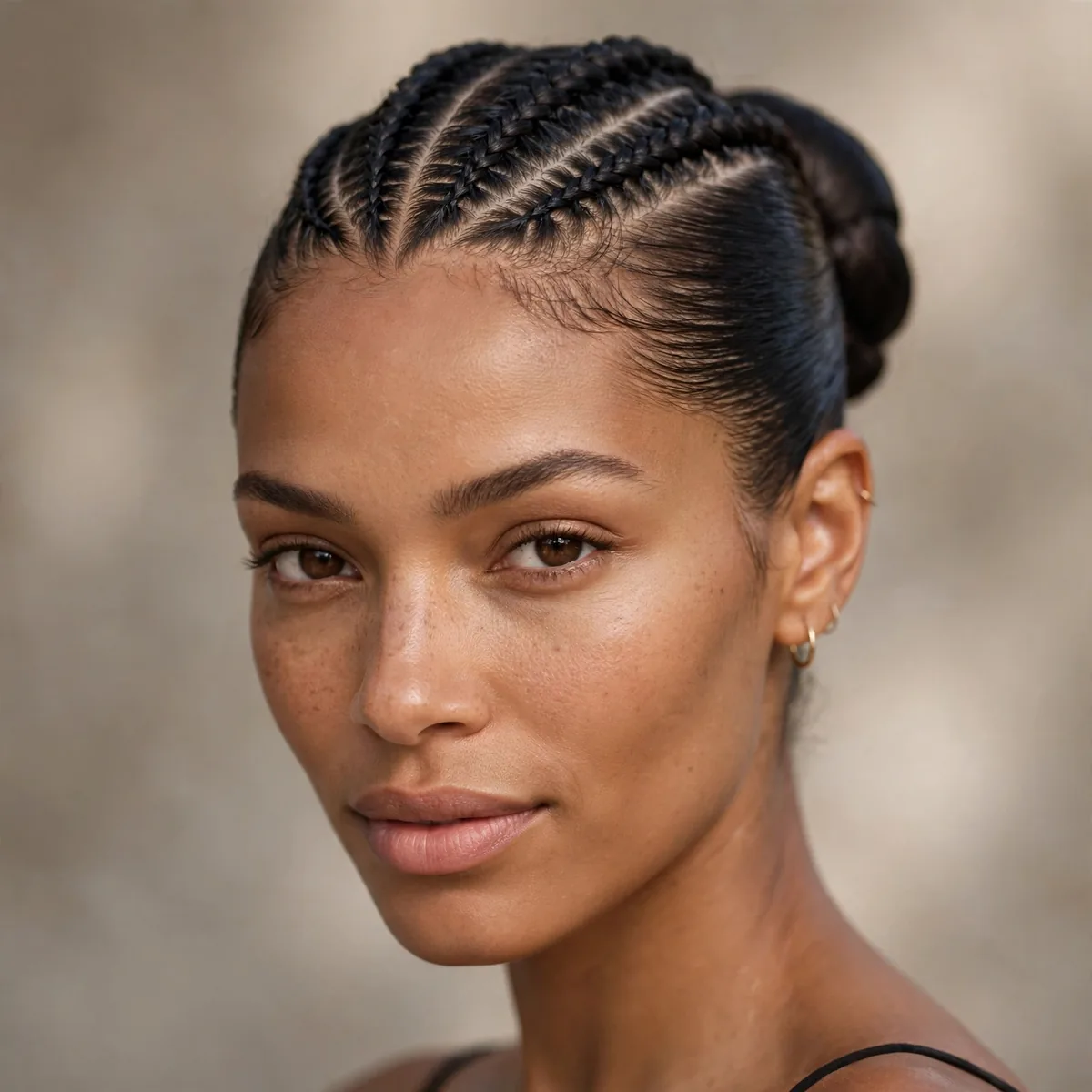 Sleek bun with cornrow-style braided roots