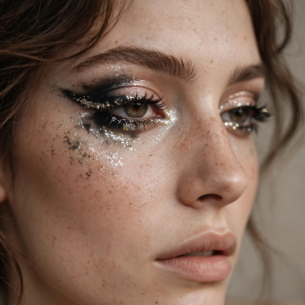 Glitter smudged eyeliner party look