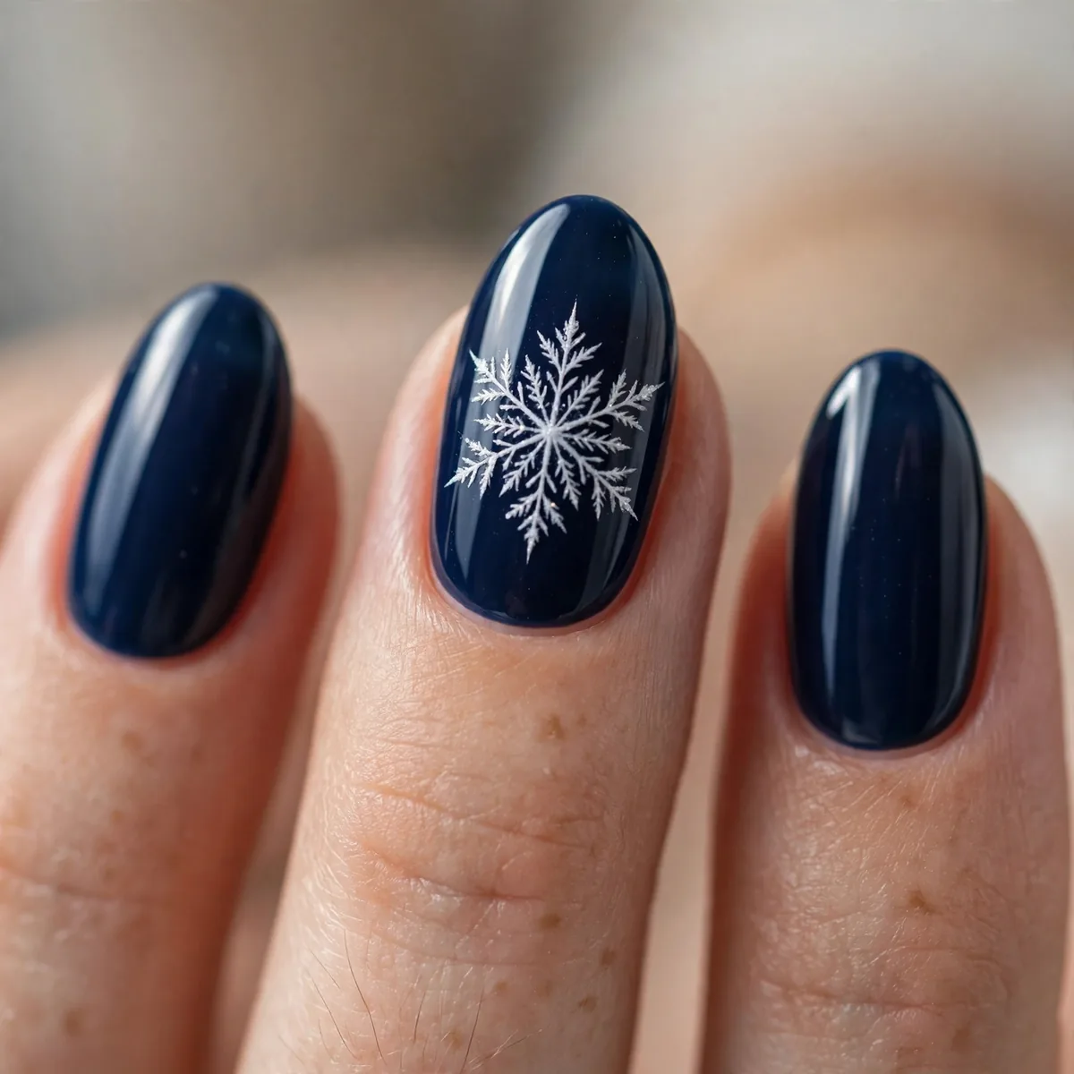 White snowflake on midnight blue nails