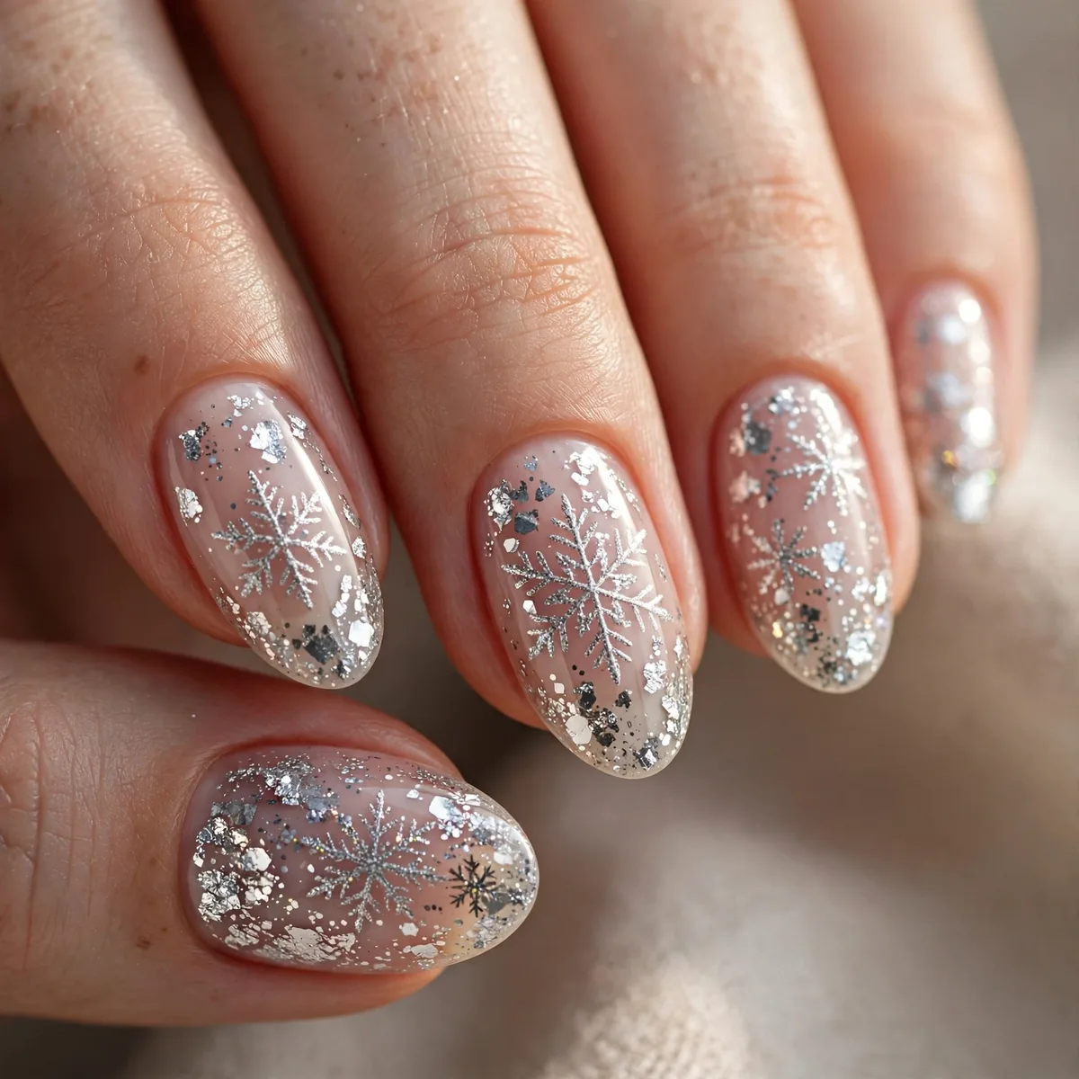 Silver glitter snowflake nails