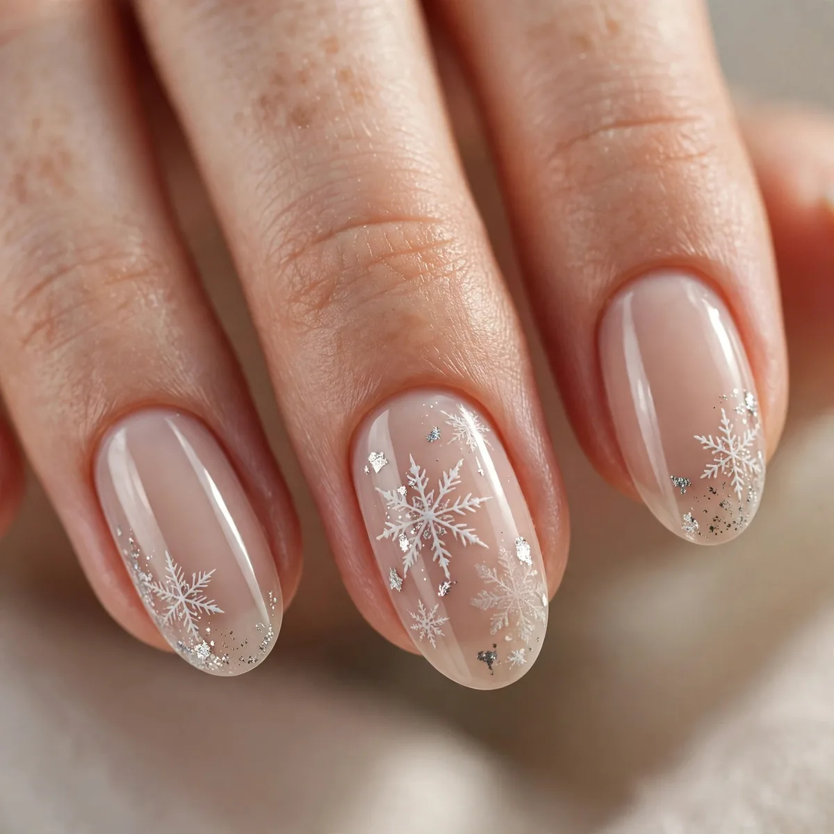 Nude base snowflake nail elegance