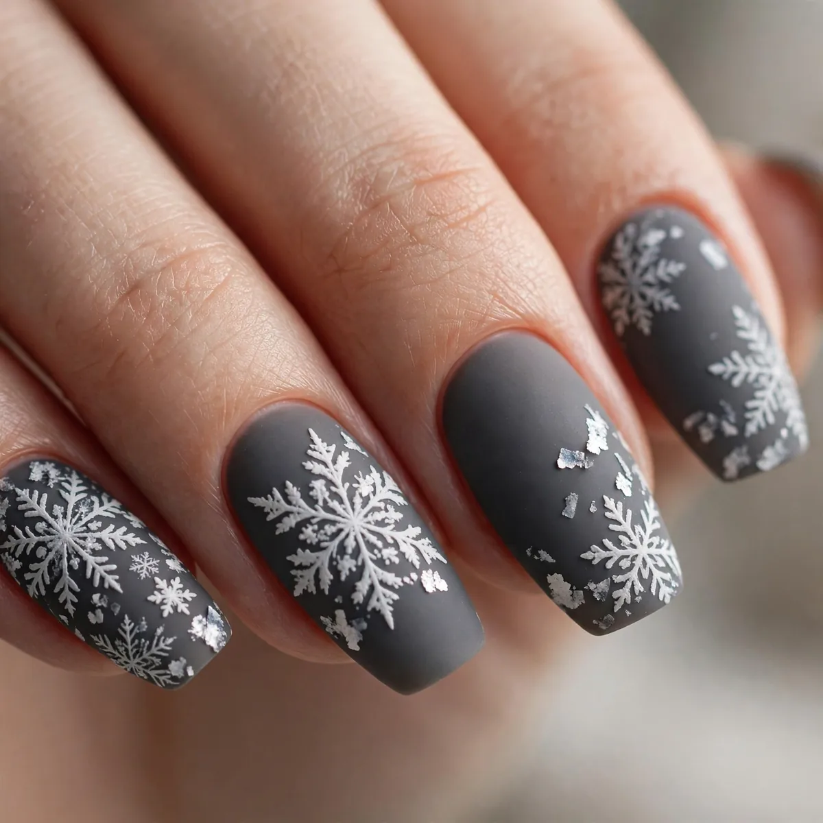 Matte base snowflake nail contrast