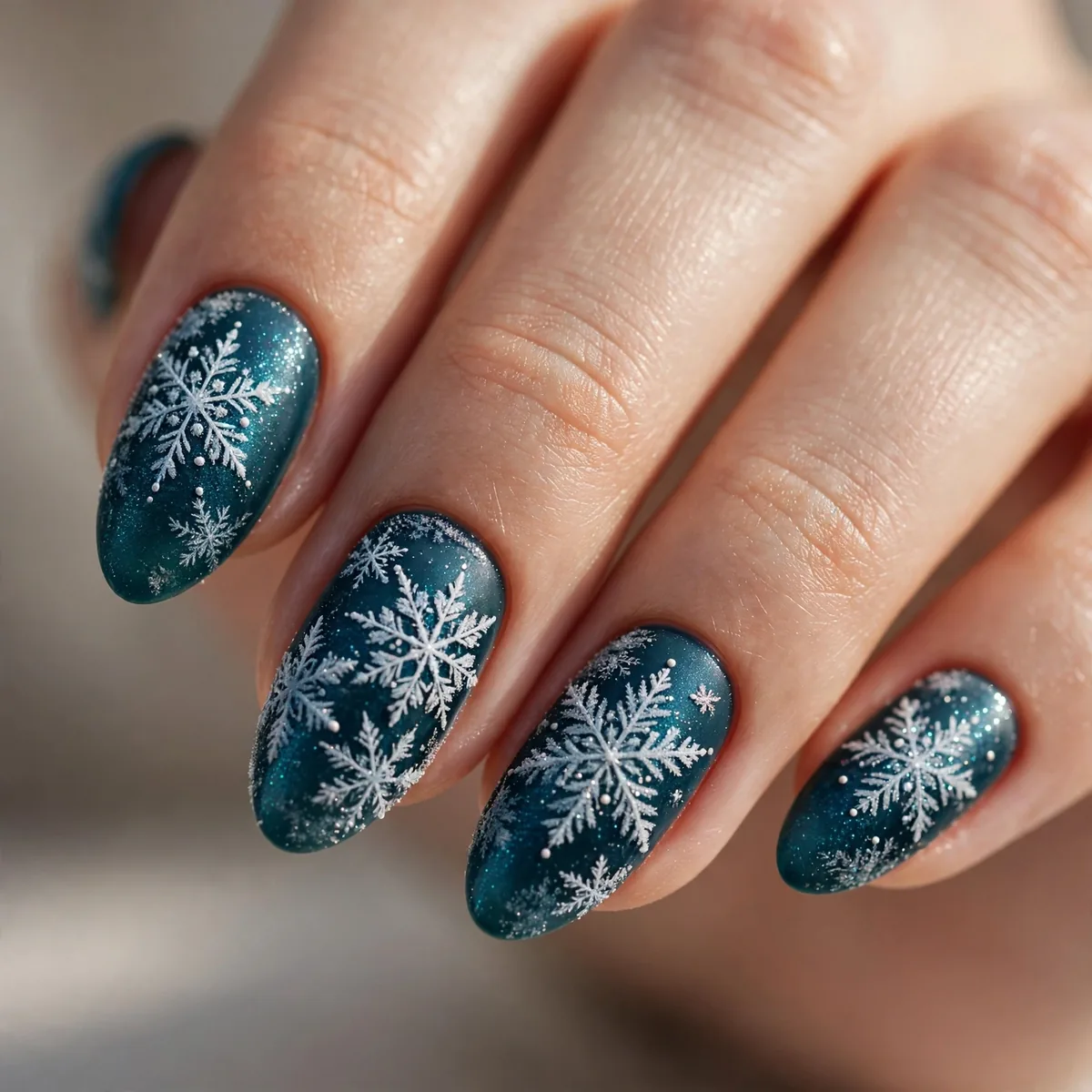 Deep teal frost snowflake nails