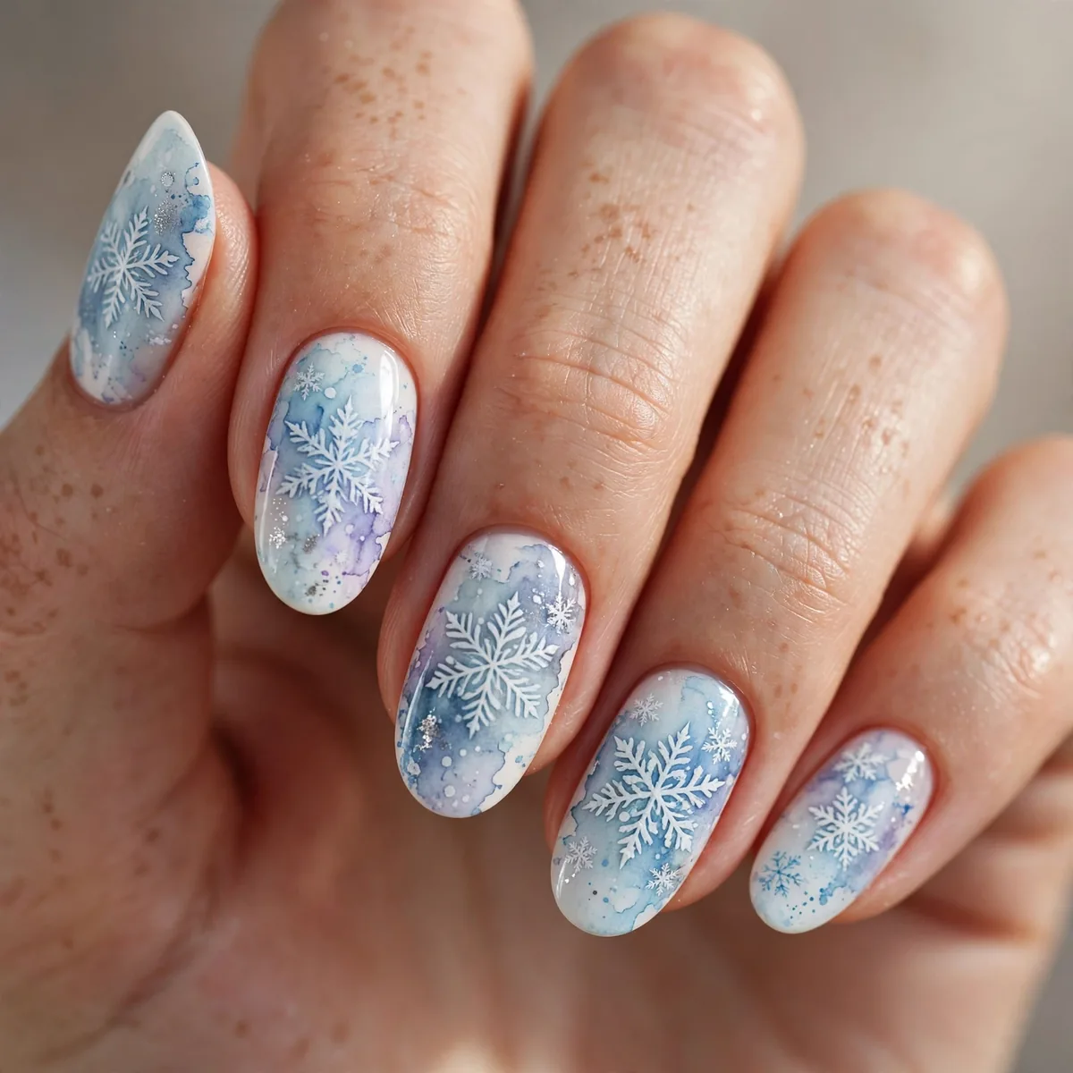Watercolor winter snowflake nails