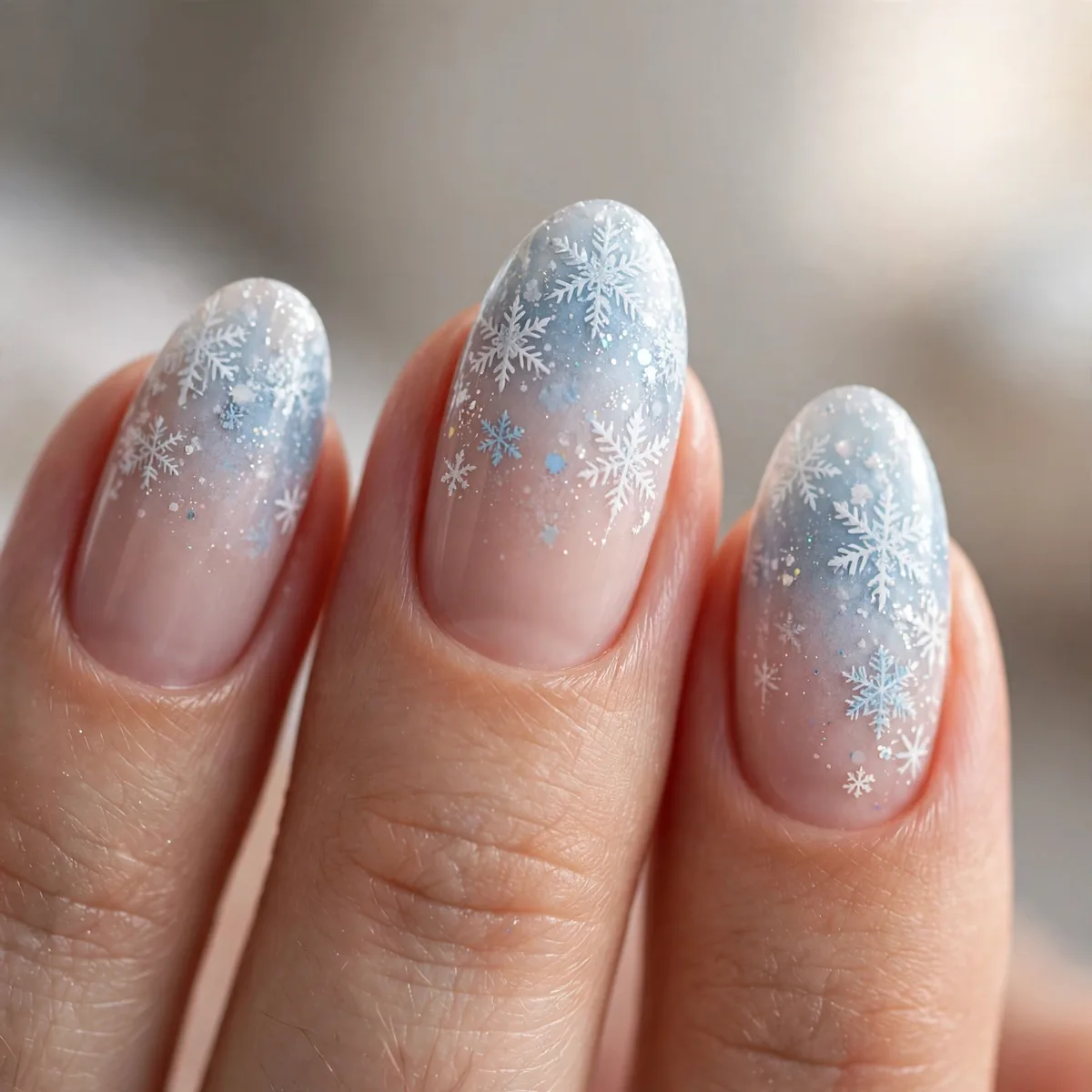Gradient snowflake fade nail design