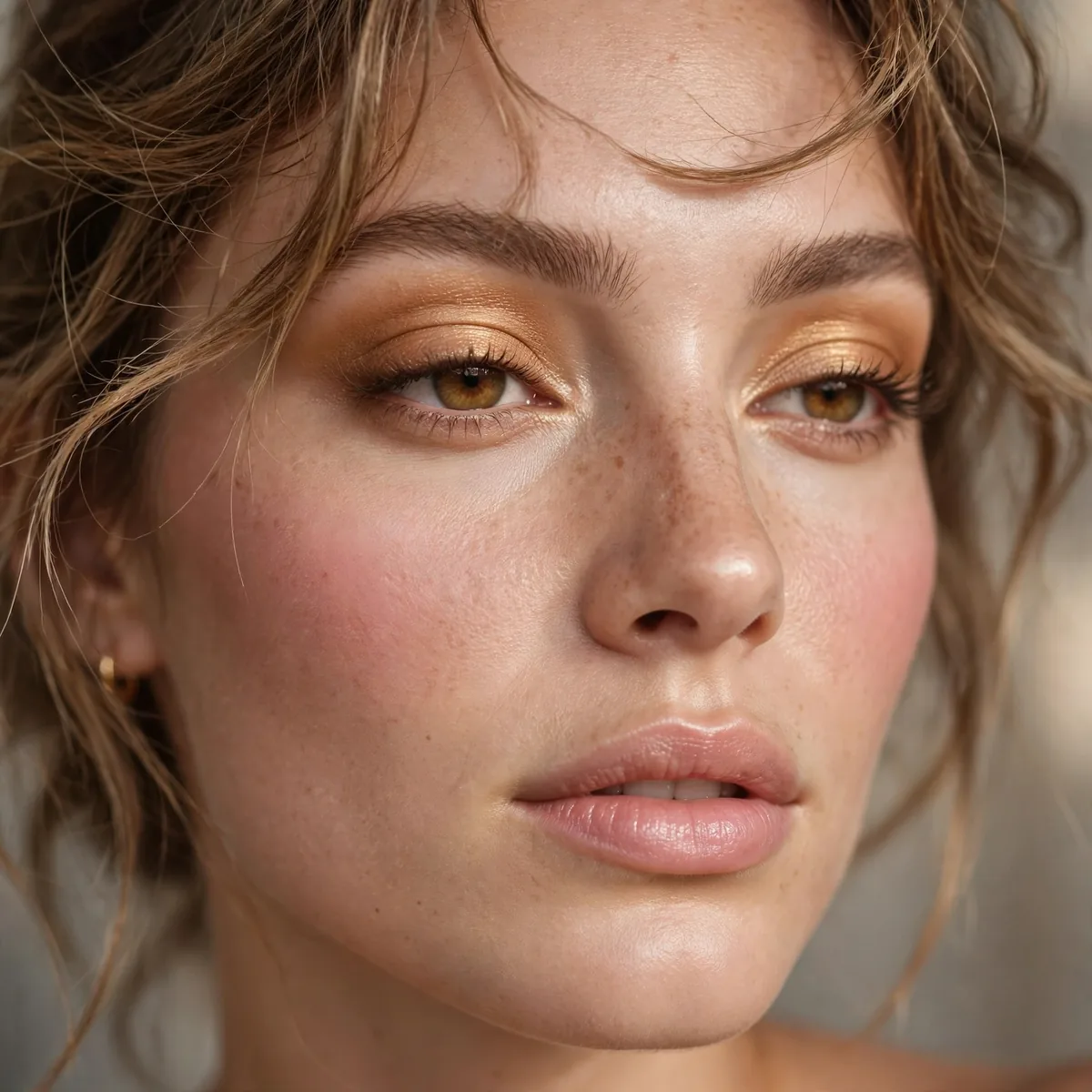 Close-up of Honeyed Nude Glam featuring warm honey and pale pink