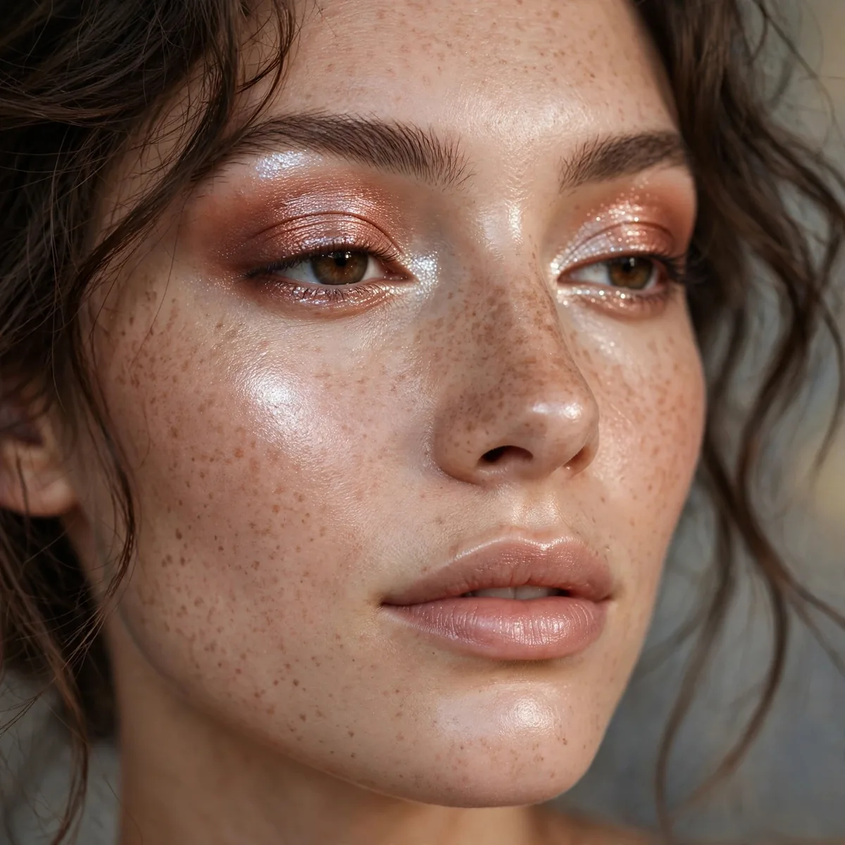 Close-up of Moonlit Shimmer Glam featuring muted copper and dewy pearl
