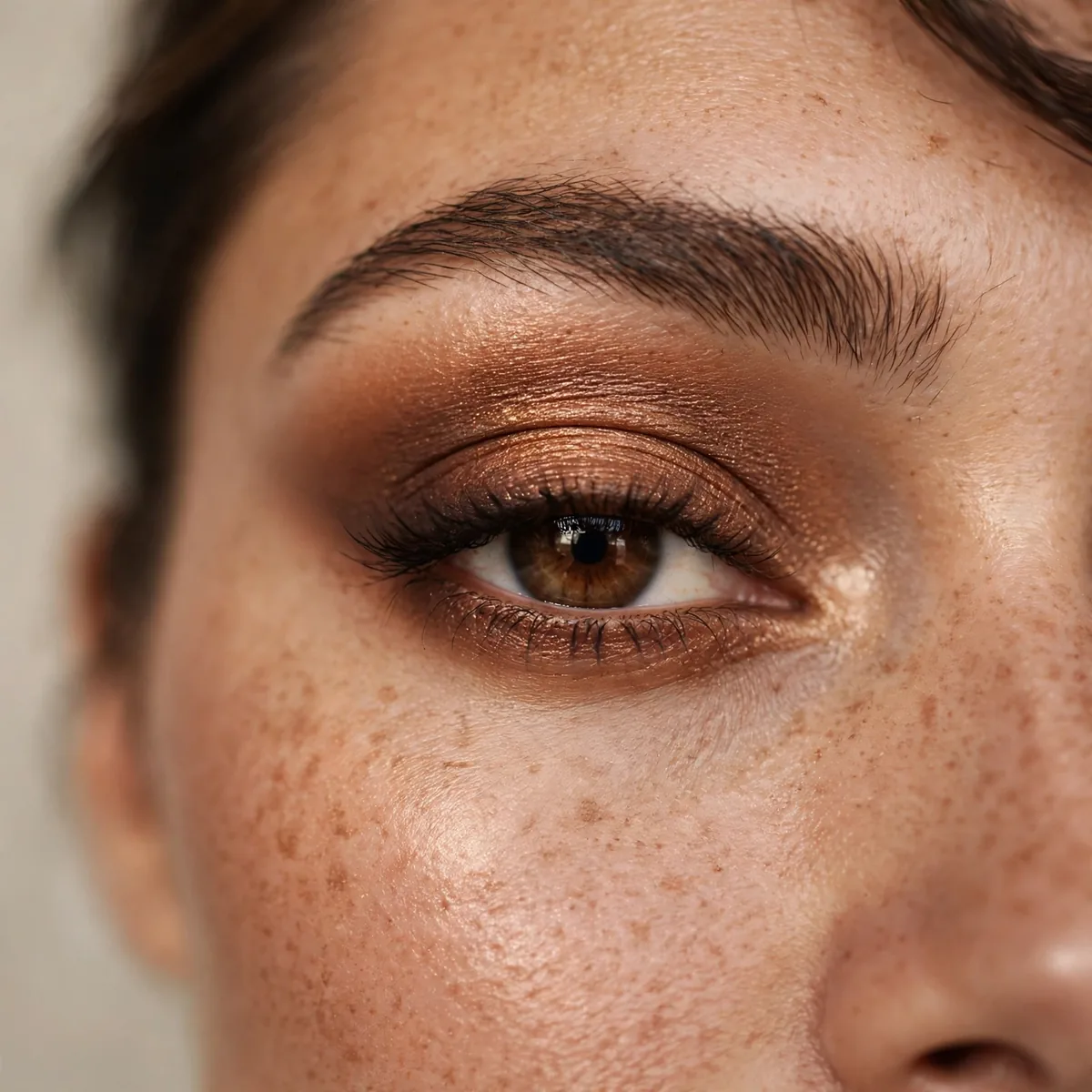 Warm bronze smokey eye makeup on brown eyes