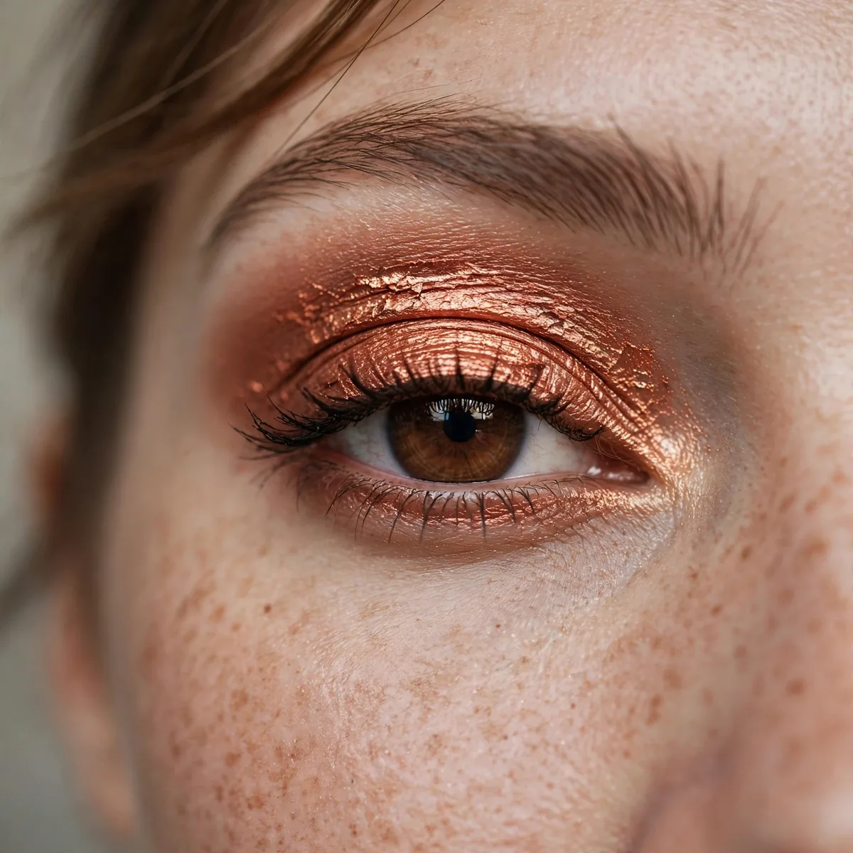 Copper foiled eyeshadow on brown eyes