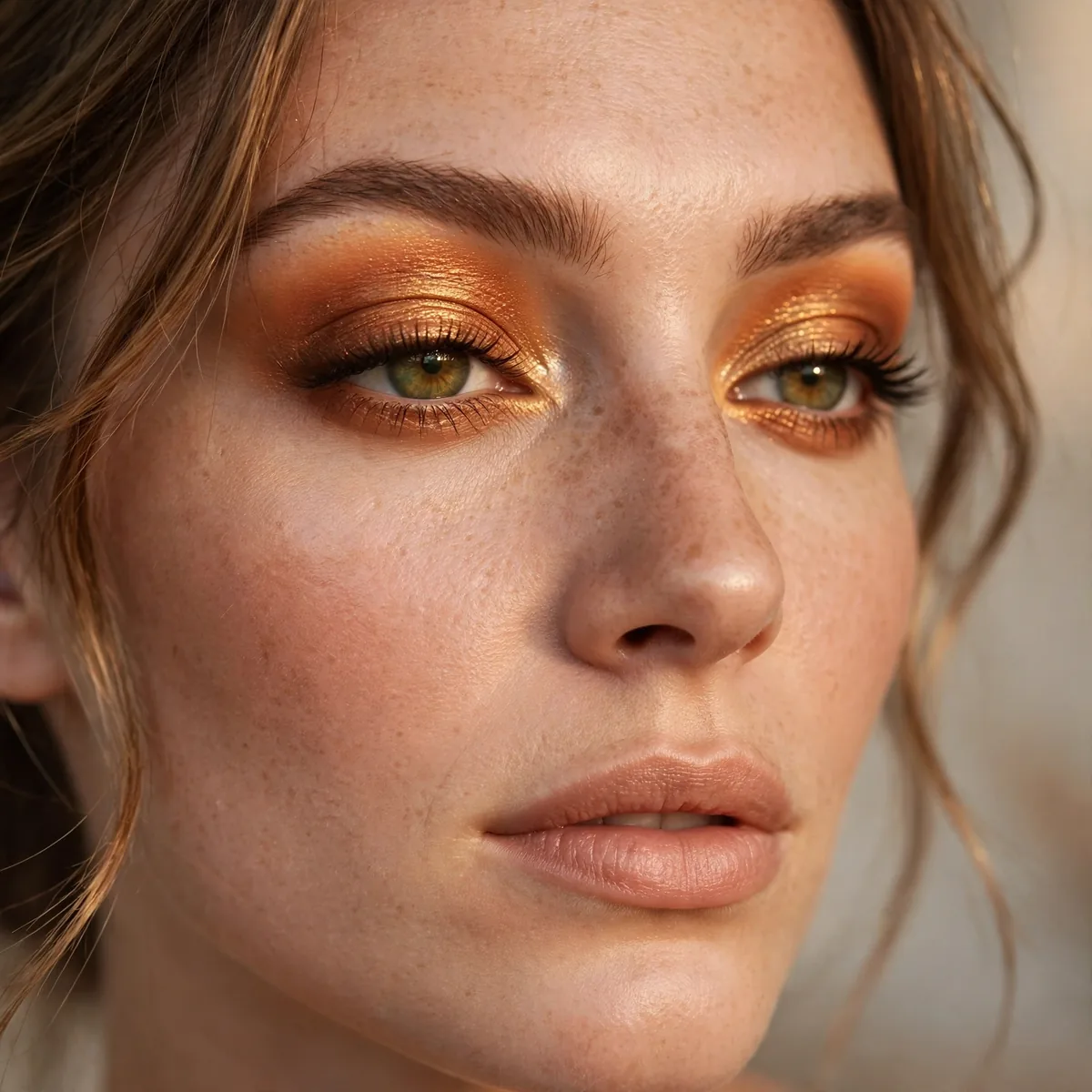 Sunset bronze eyeshadow with warm orange and gold tones