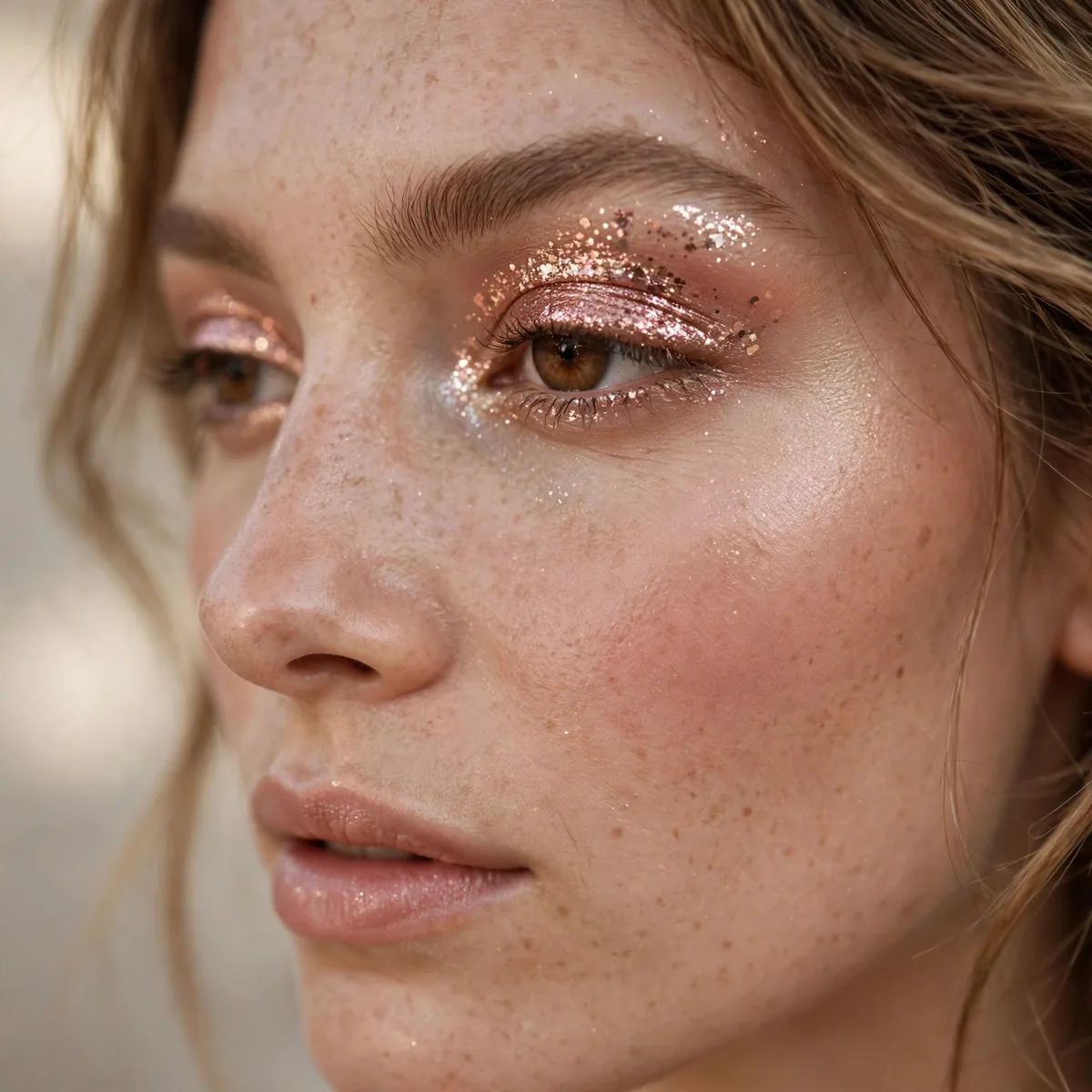 Close-up of Rose Gold Sparkle featuring rose sparkle and pale bronze