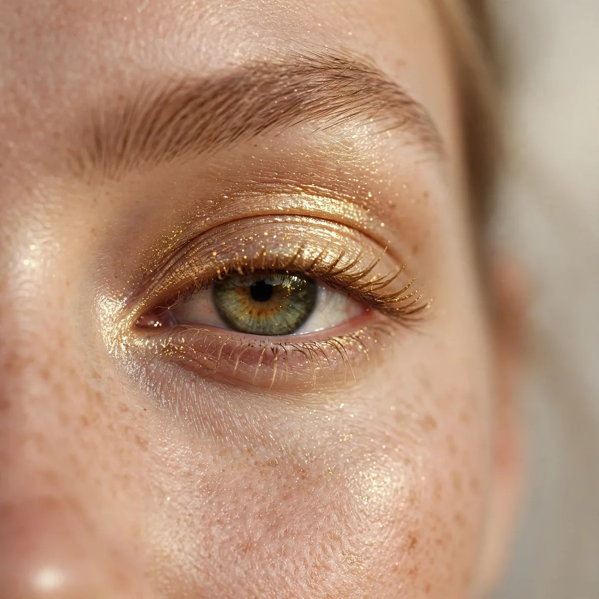 Close-up of Gilded Shimmer Eyes featuring gold shimmer and creamy glow