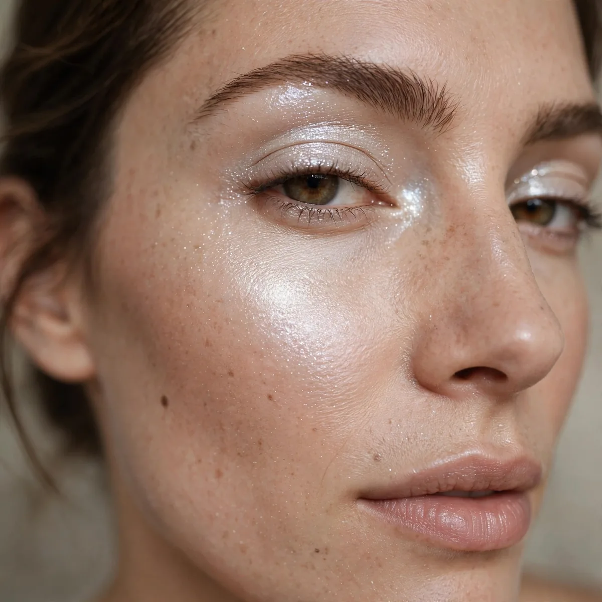 Close-up of Pearl Dust Glow featuring silver glint and light shimmer