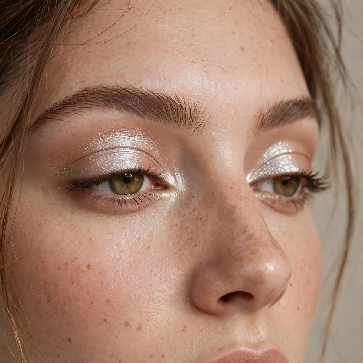 Close-up of Silver Starlight Lids featuring pearl glow and warm nude