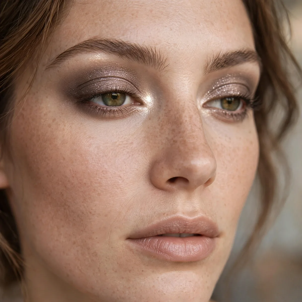 Close-up of Taupe Twinkle Smoke featuring taupe shimmer and warm ivory