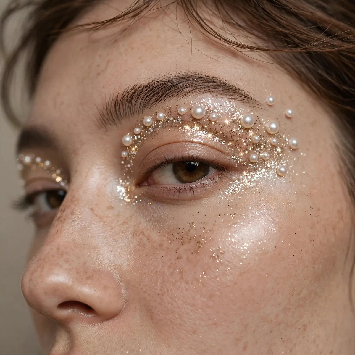 Close-up of Halo Glitter Placement featuring champagne glitter and soft pearl