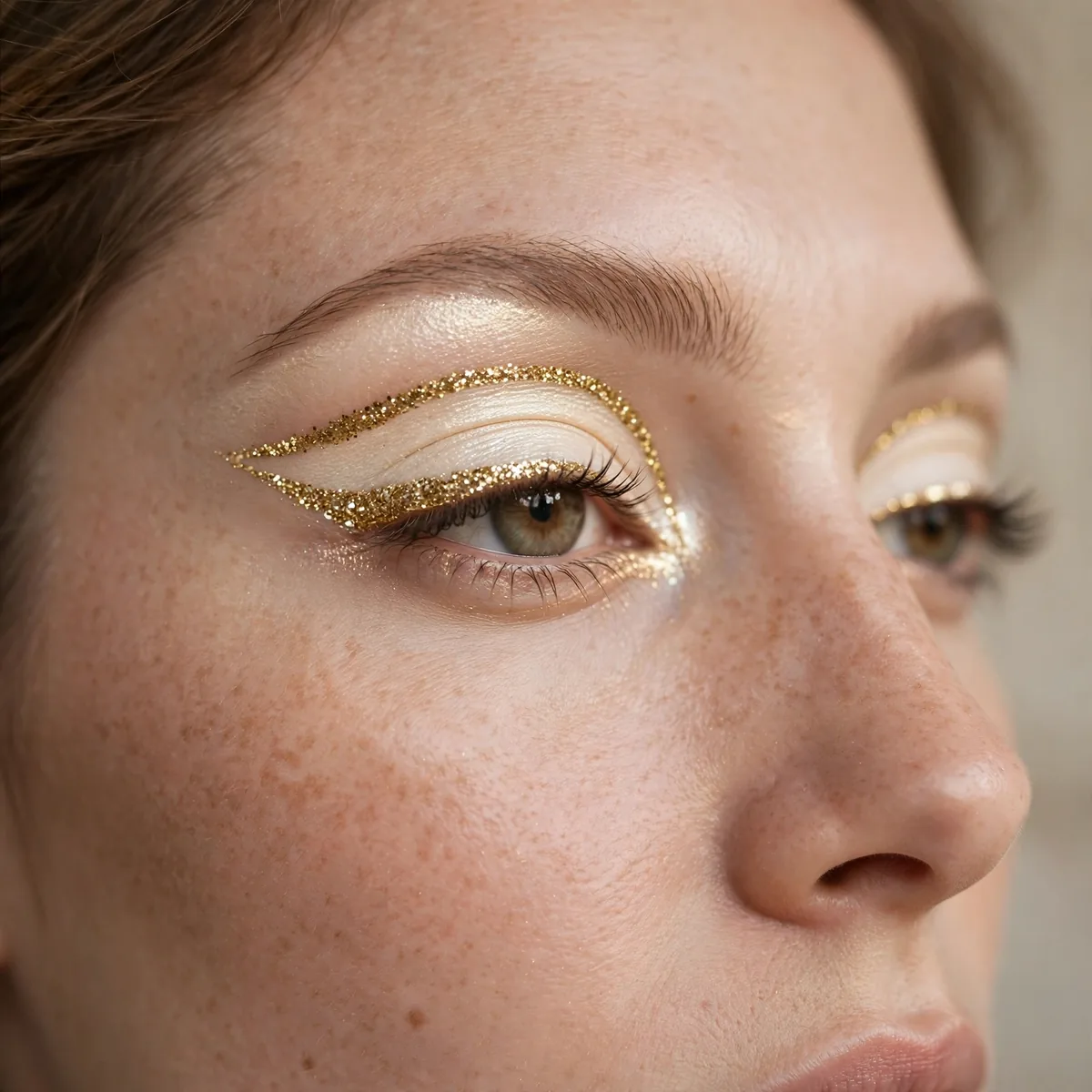 Close-up of Glitter Cut Crease featuring gold shimmer and creamy glow