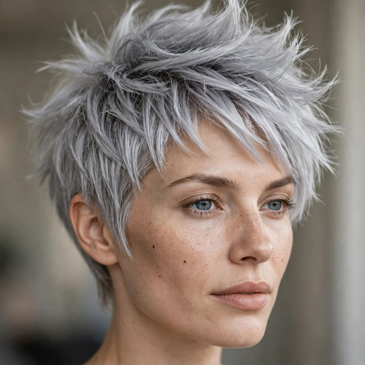 Silver Spiky Pixie hairstyle in silver grey with feathered layers