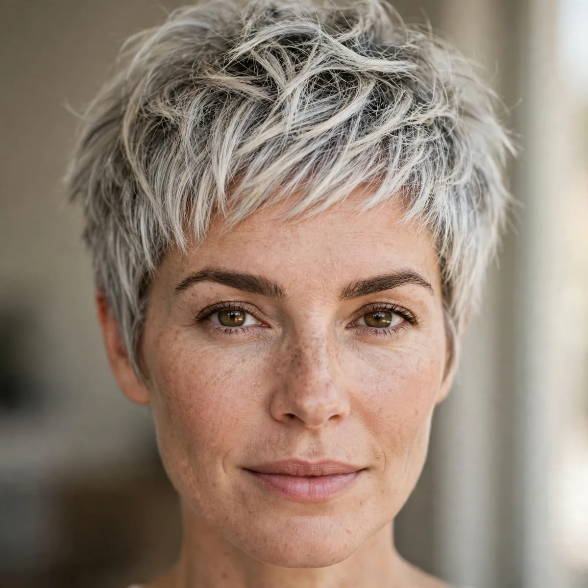 Textured Platinum Pixie hairstyle in salt pepper with lived-in texture
