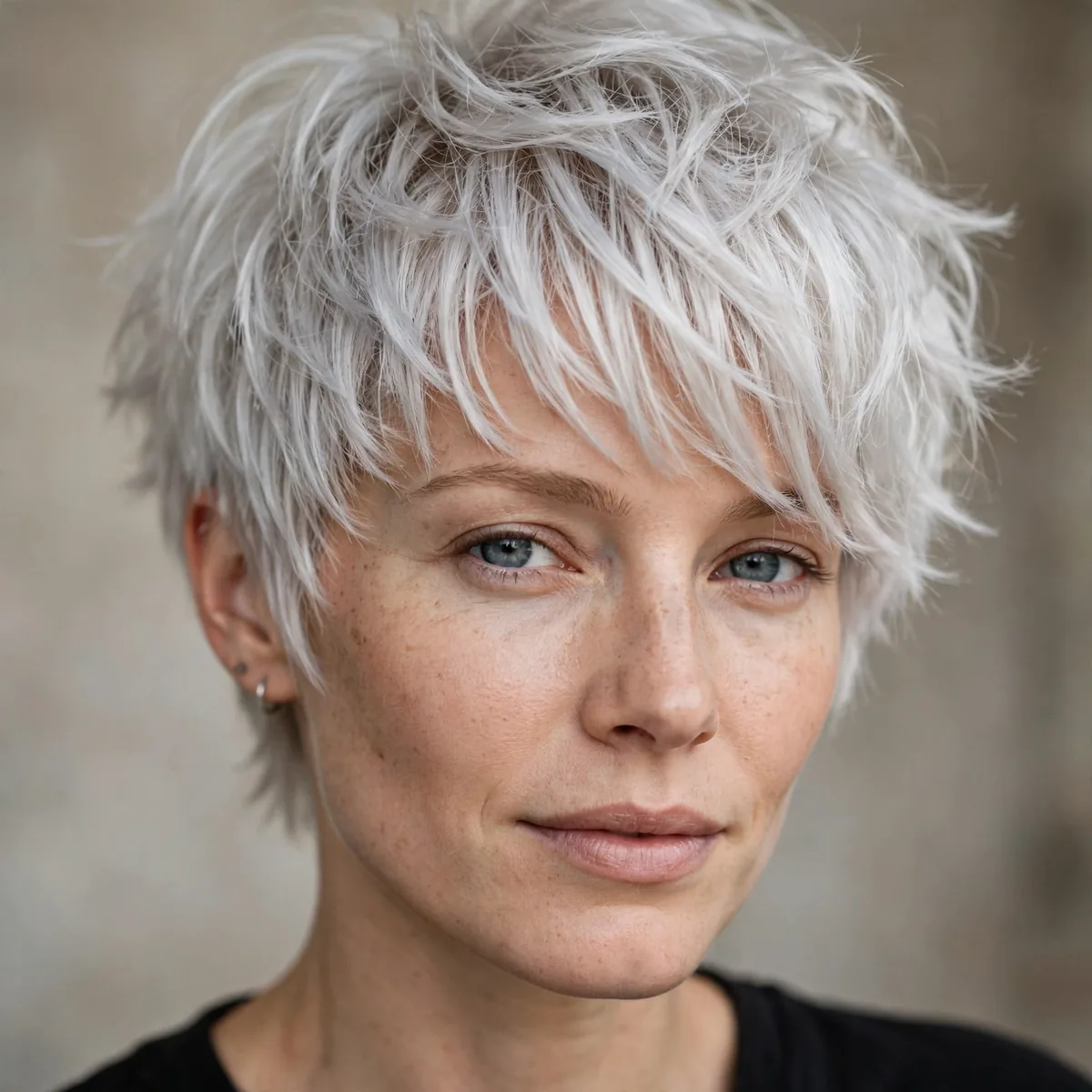 Feathered Silver Crop hairstyle in platinum blonde with piece-y texture