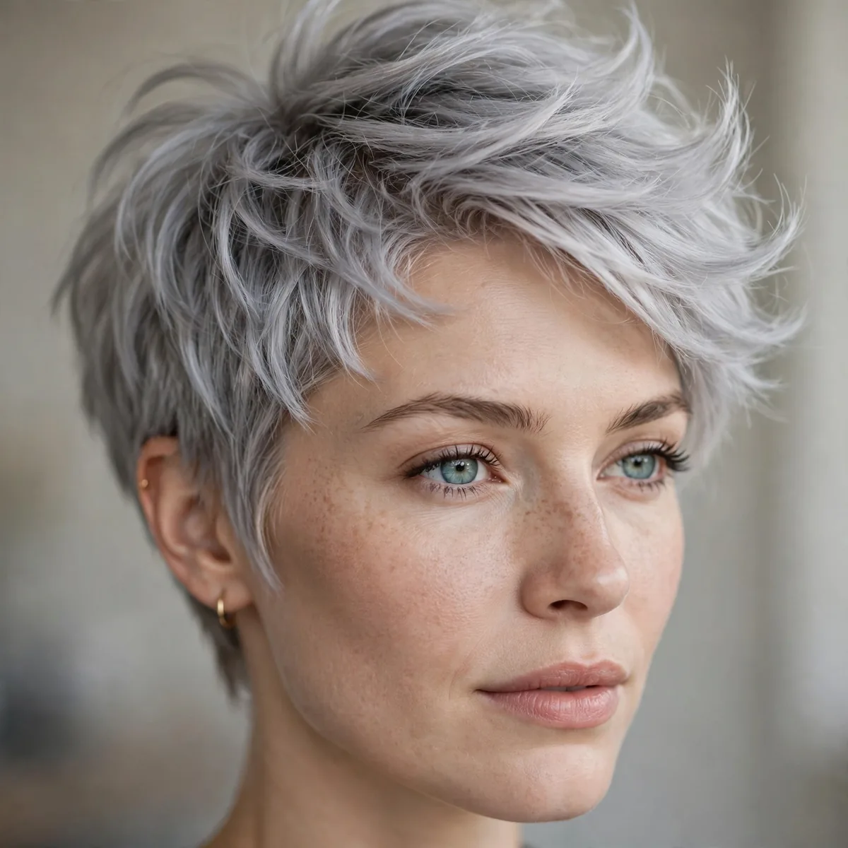 Feathered White Pixie hairstyle in ash grey with airy volume