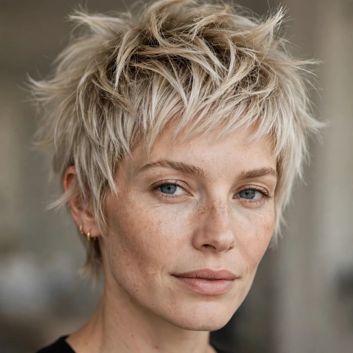 Tousled Steel Pixie hairstyle in champagne blonde with soft spikes
