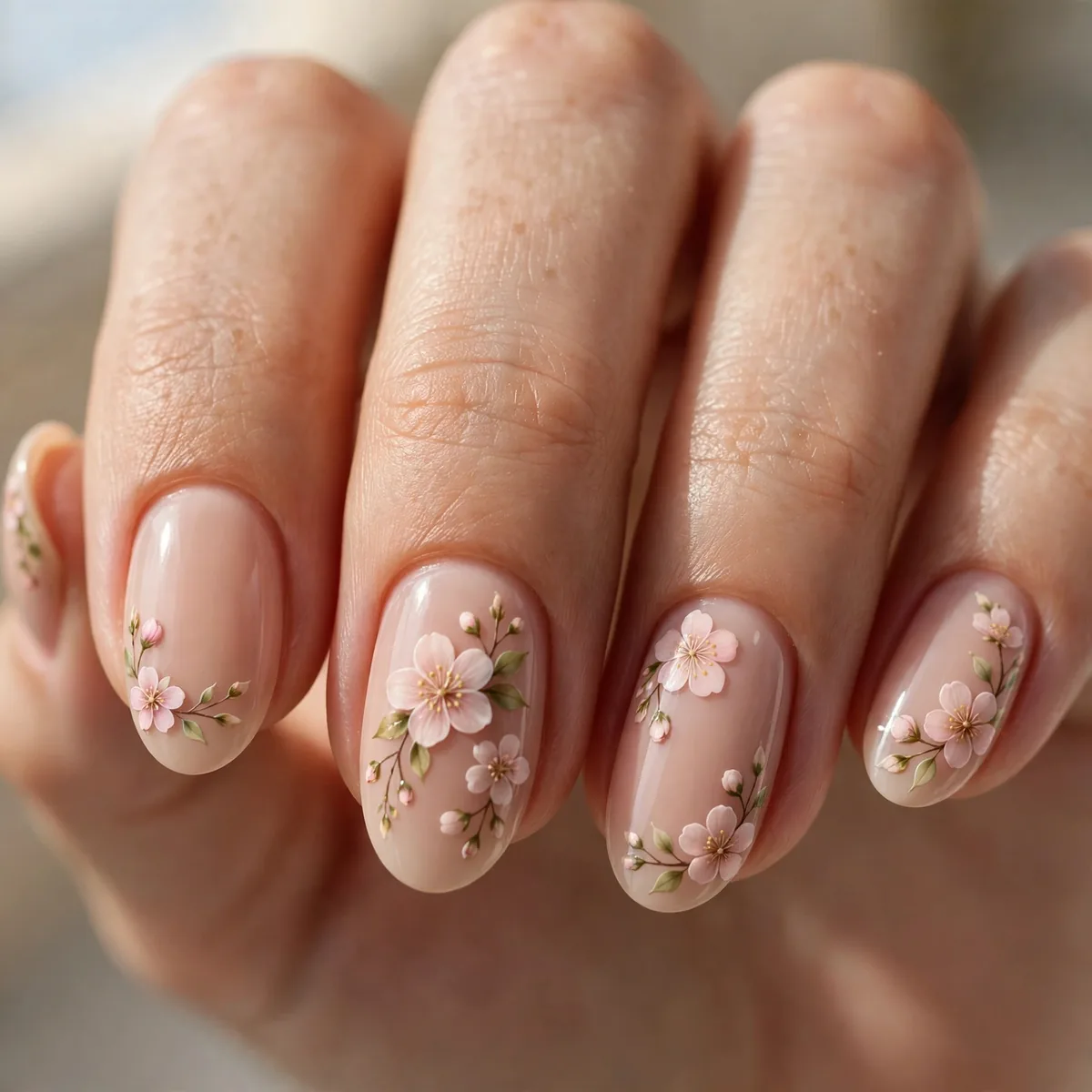 Nude base with blossom nail art