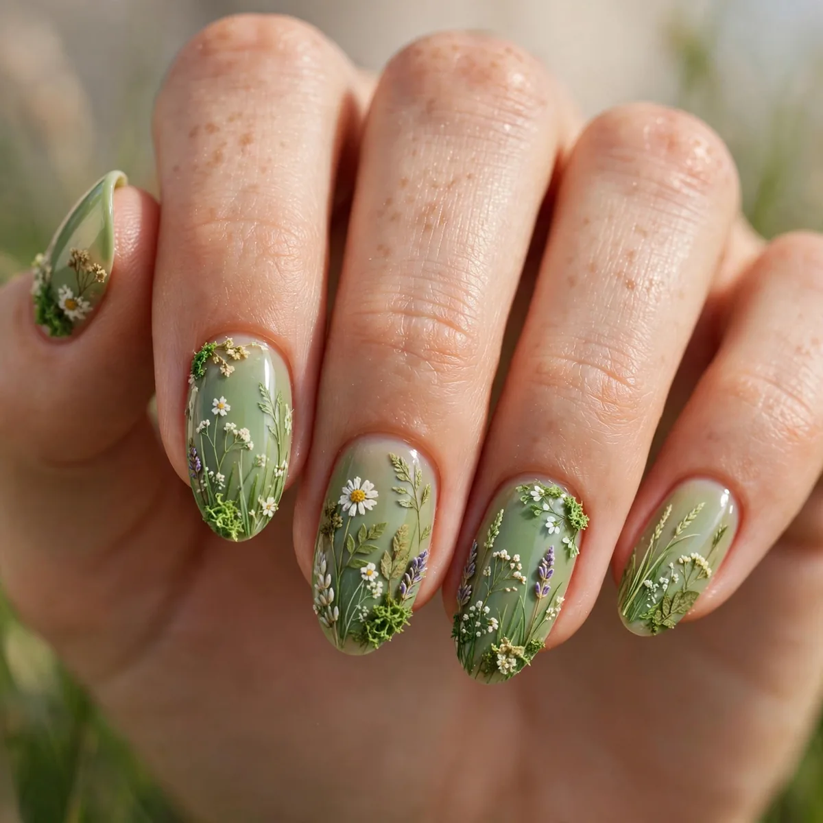 Fresh green meadow spring nails