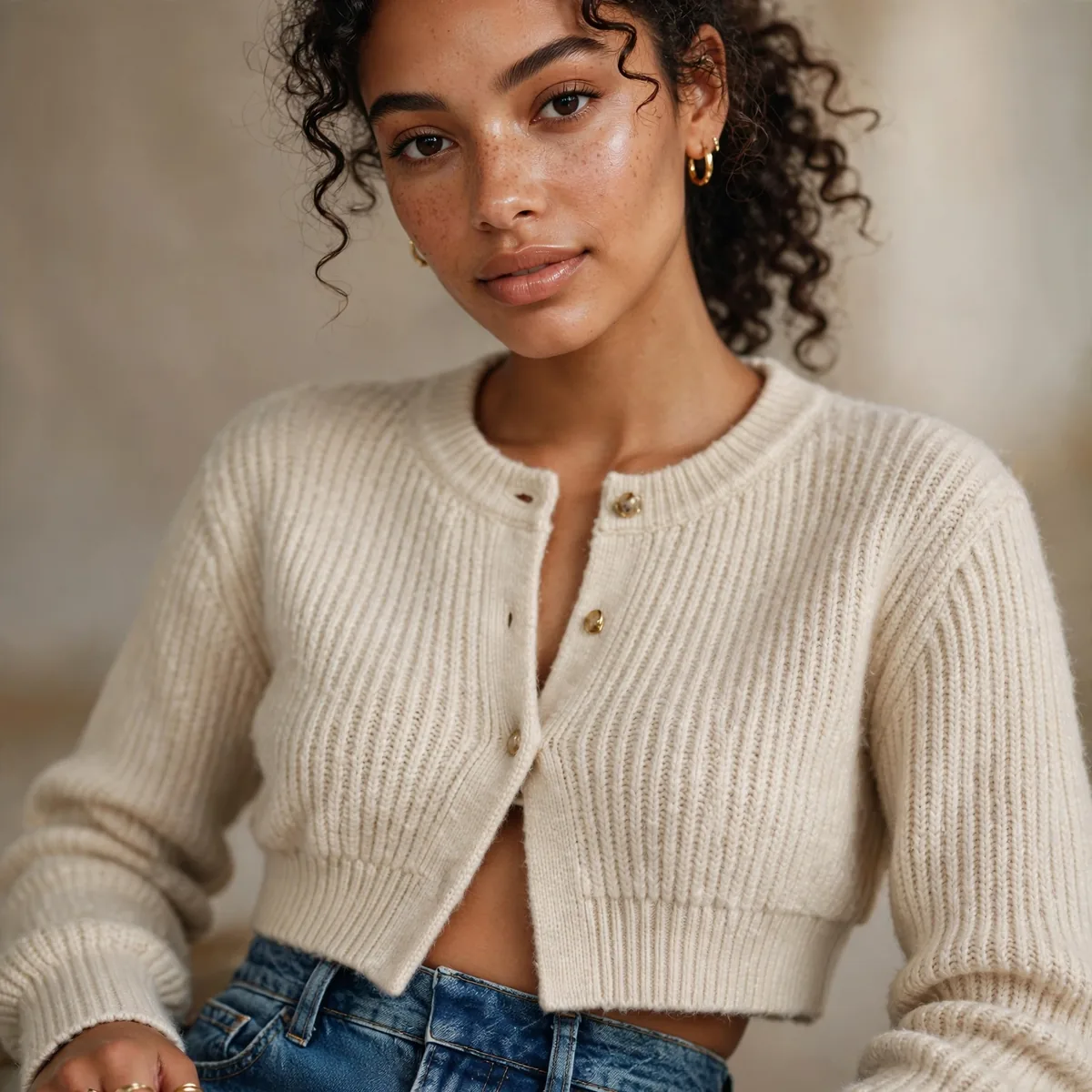 Cropped cardigan with high rise jeans