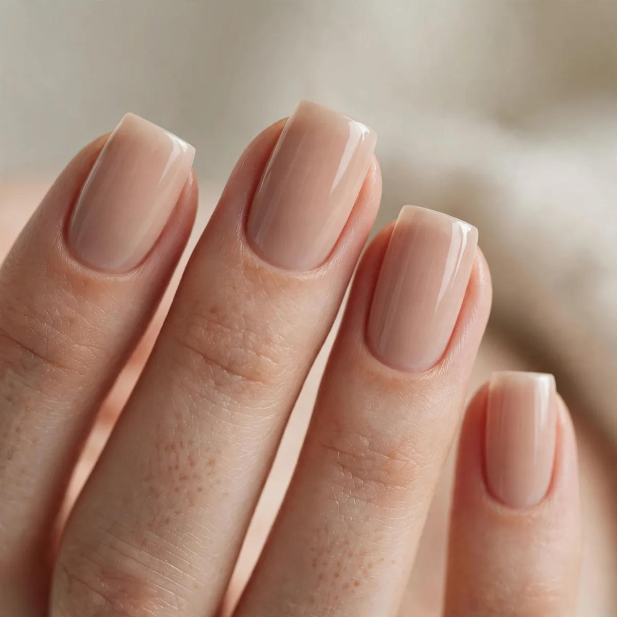Nude polish on square-shaped nails