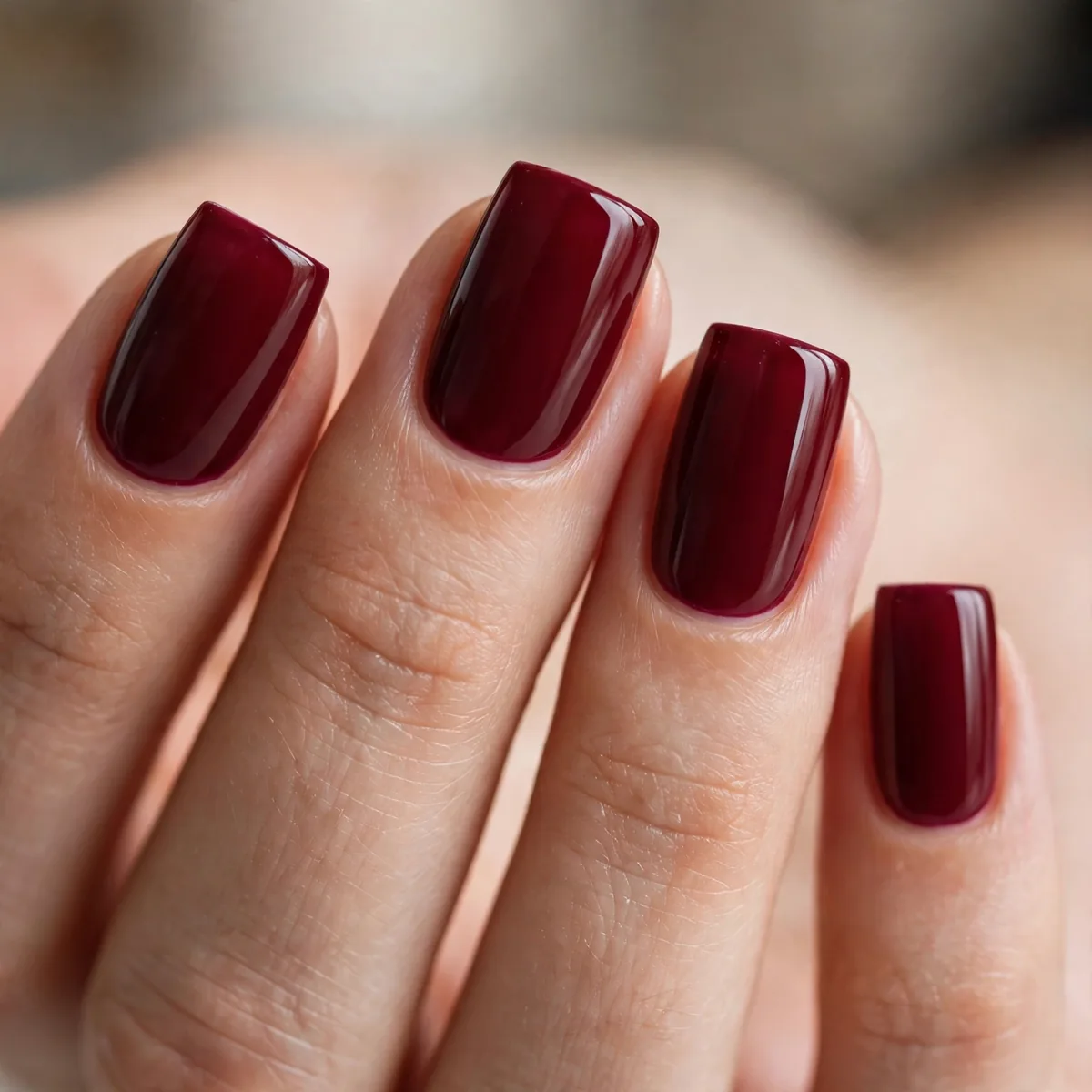 Burgundy polish on square nails