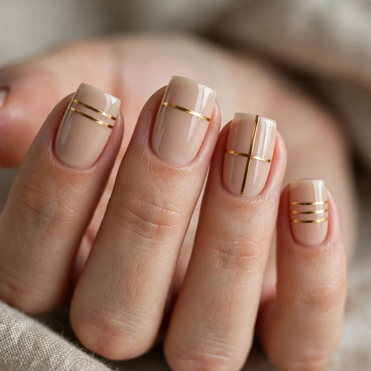 Gold stripe nail art on square nails