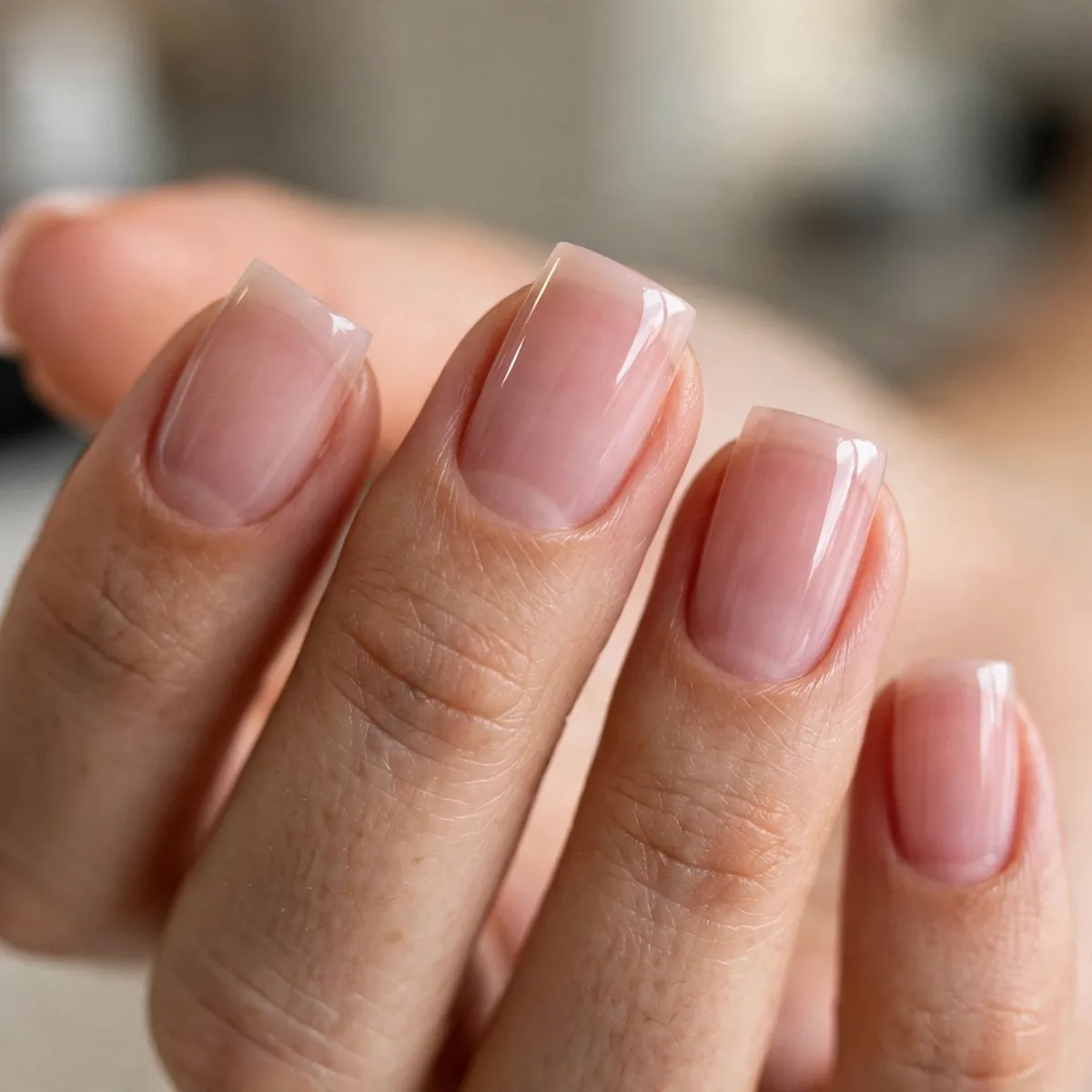 Sheer pink polish on square nails