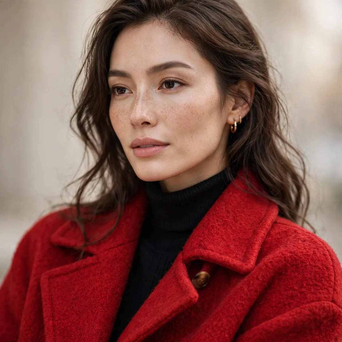 Red wool coat over black outfit