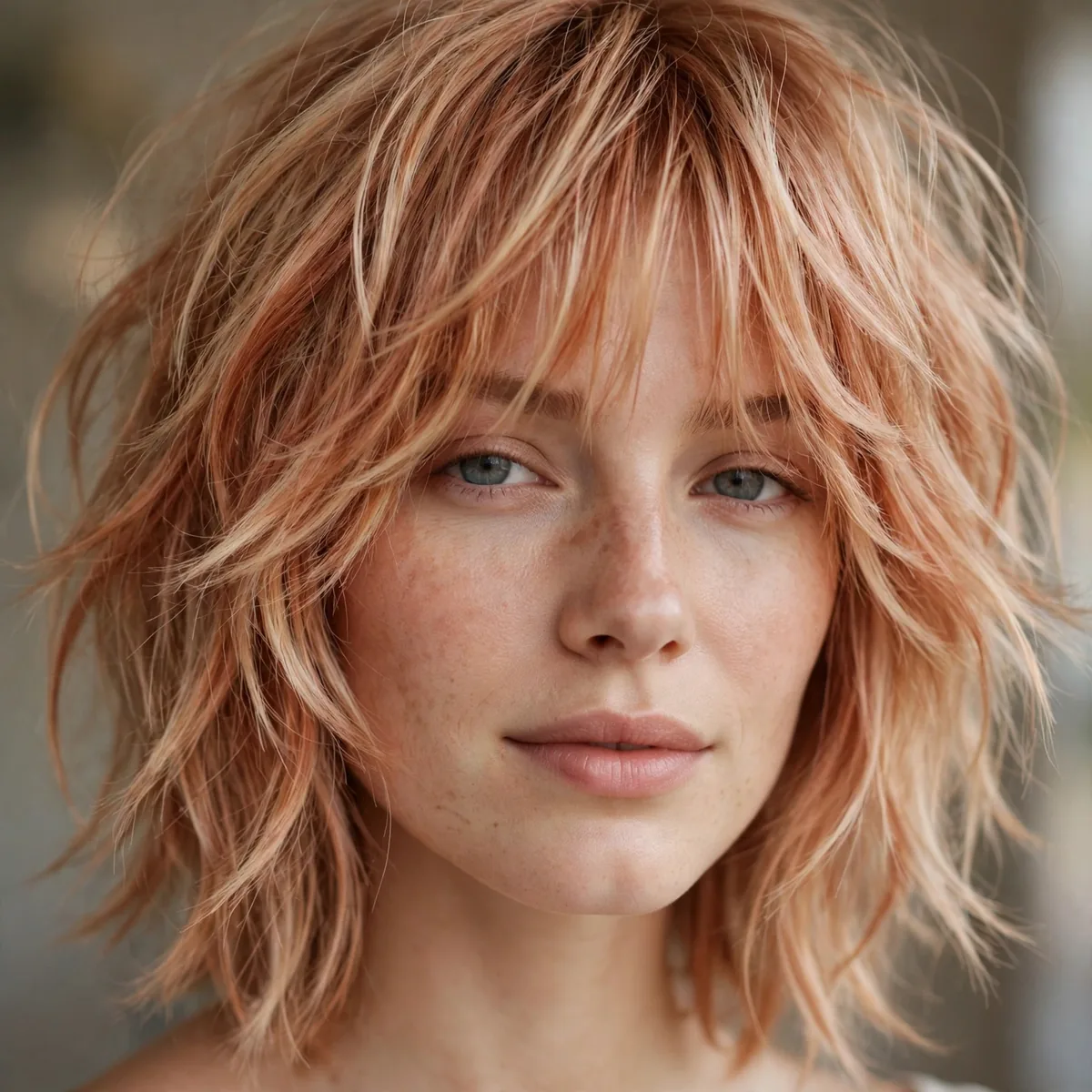 Strawberry blonde shag haircut