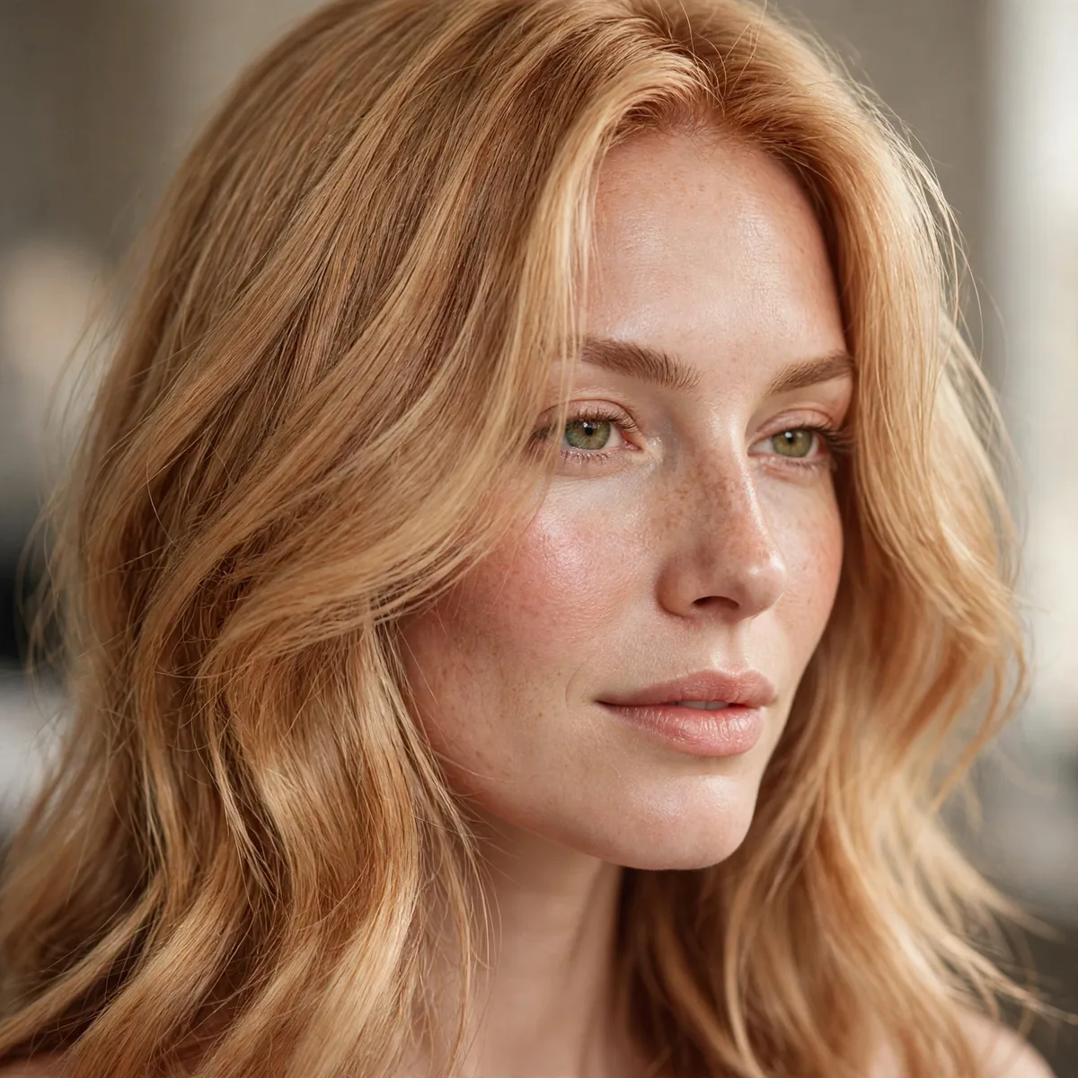 Glossy strawberry blonde hair