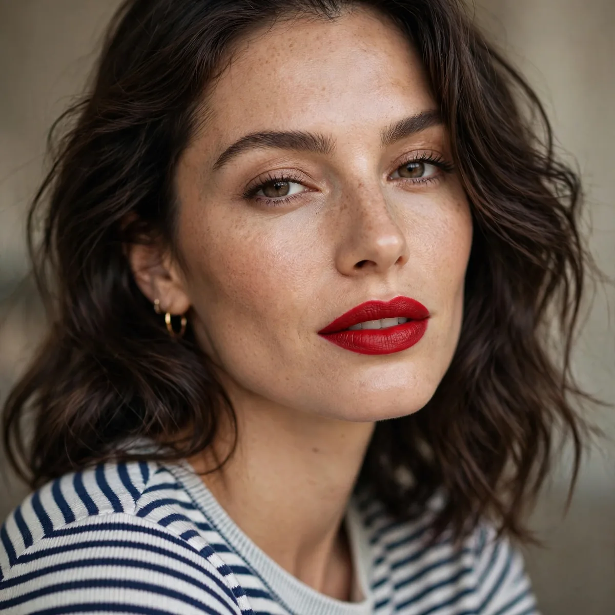 Striped top with red lipstick
