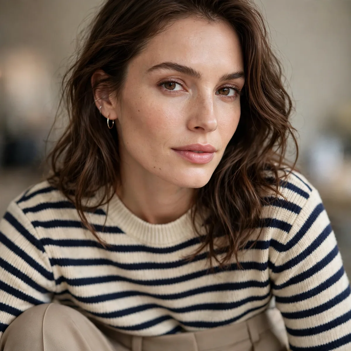 Striped sweater with tailored trousers