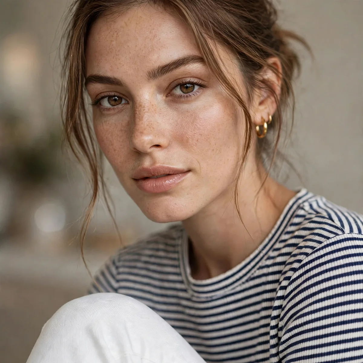 Striped top with white jeans