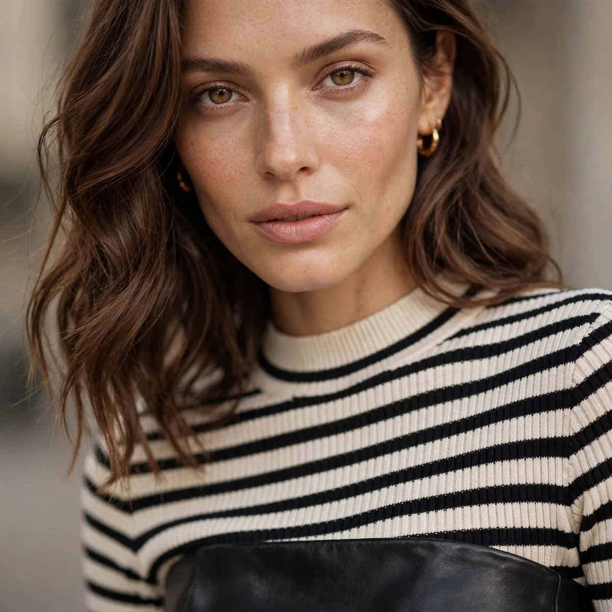 Striped top with leather skirt