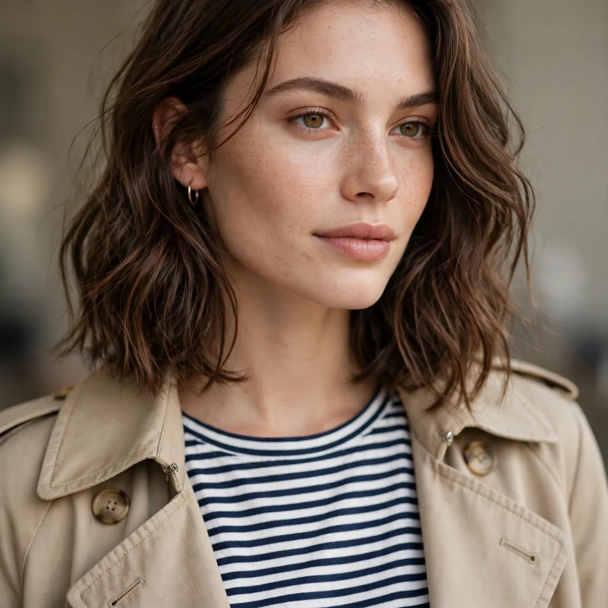 Striped top under trench coat
