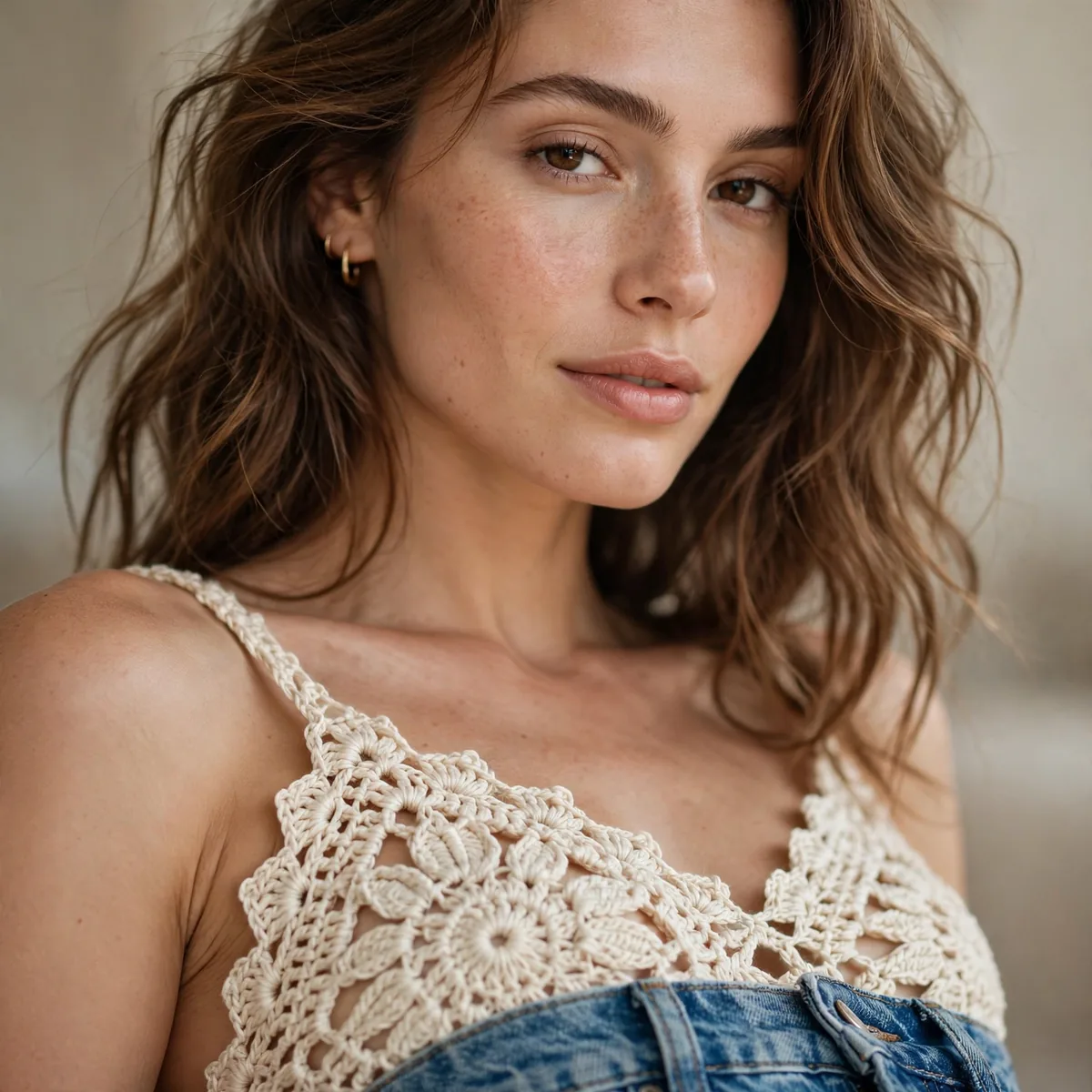 Crochet top with denim shorts