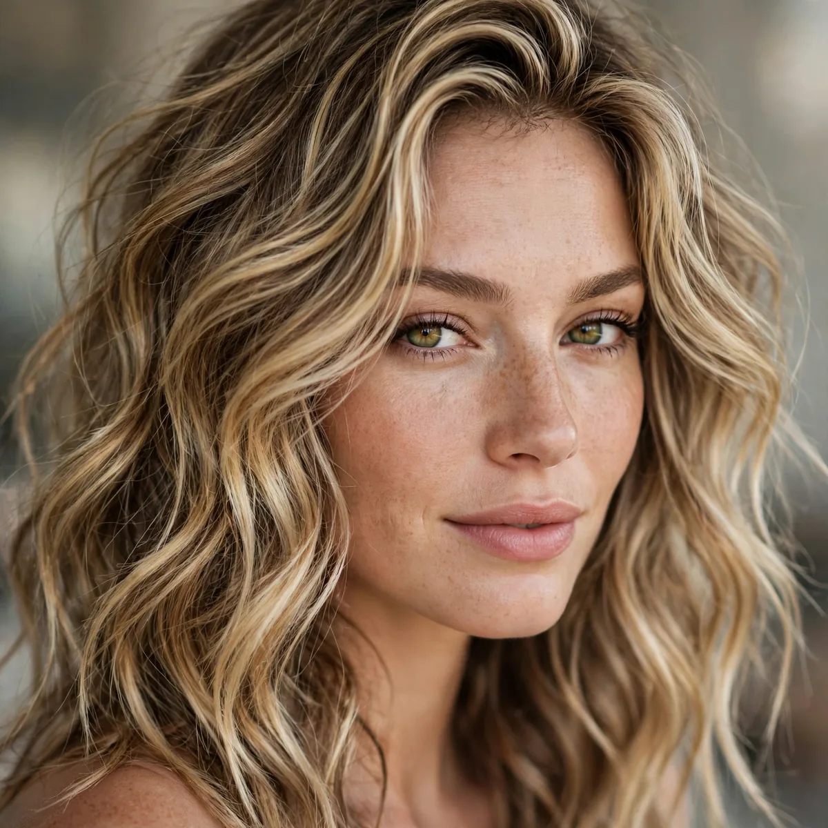 Beachy foil highlights on wavy hair