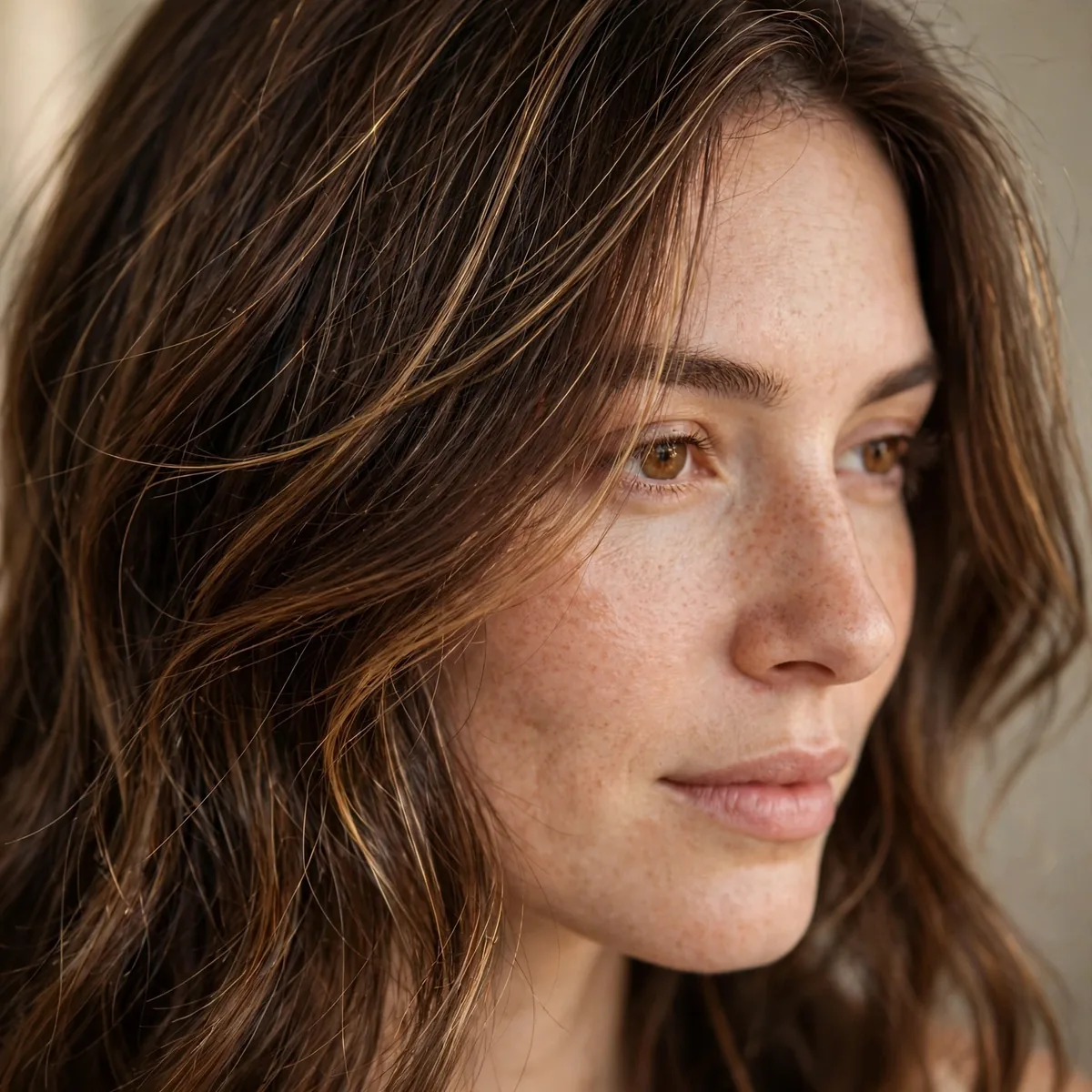 Fine honey babylights through brown hair
