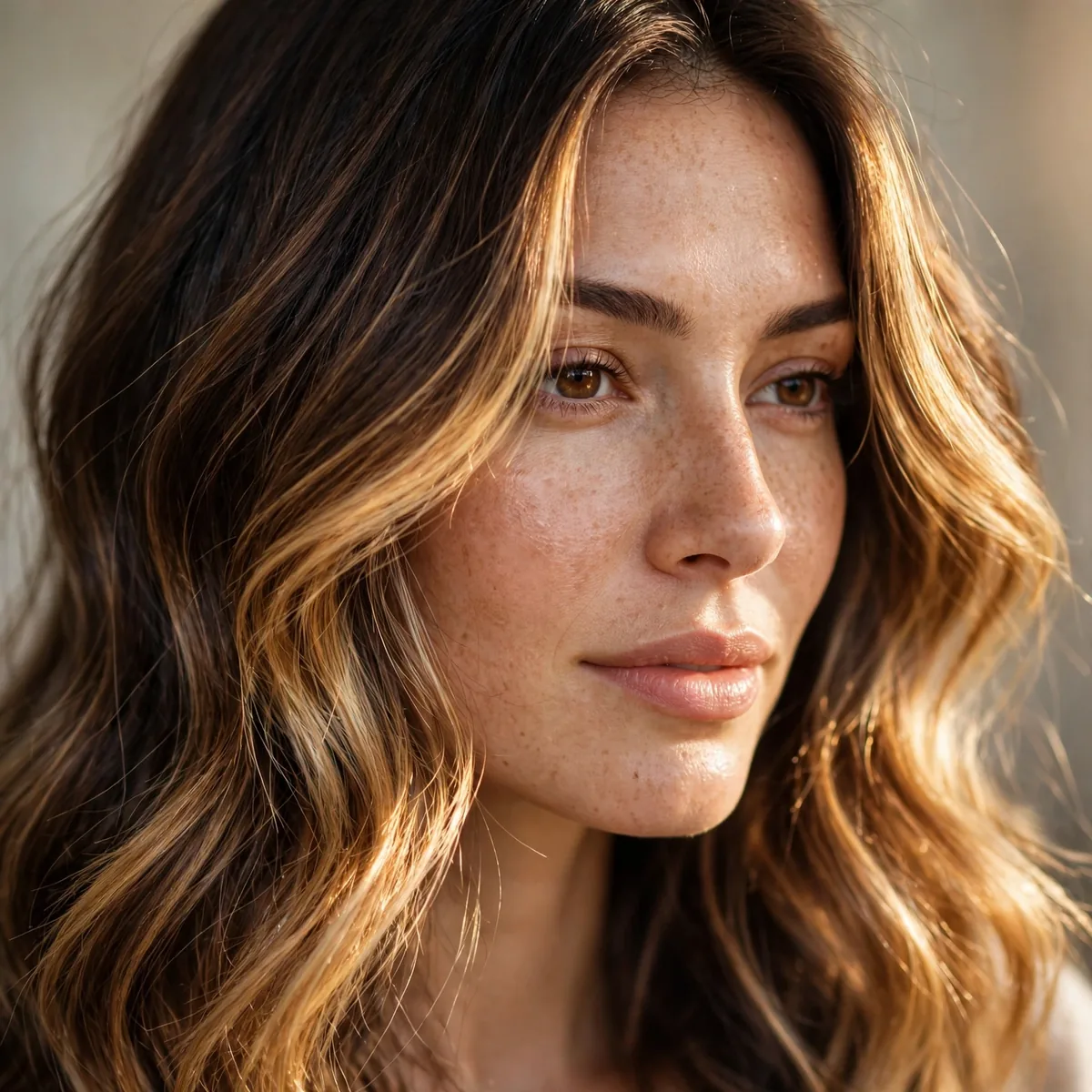 Glowing balayage highlights on brunette hair