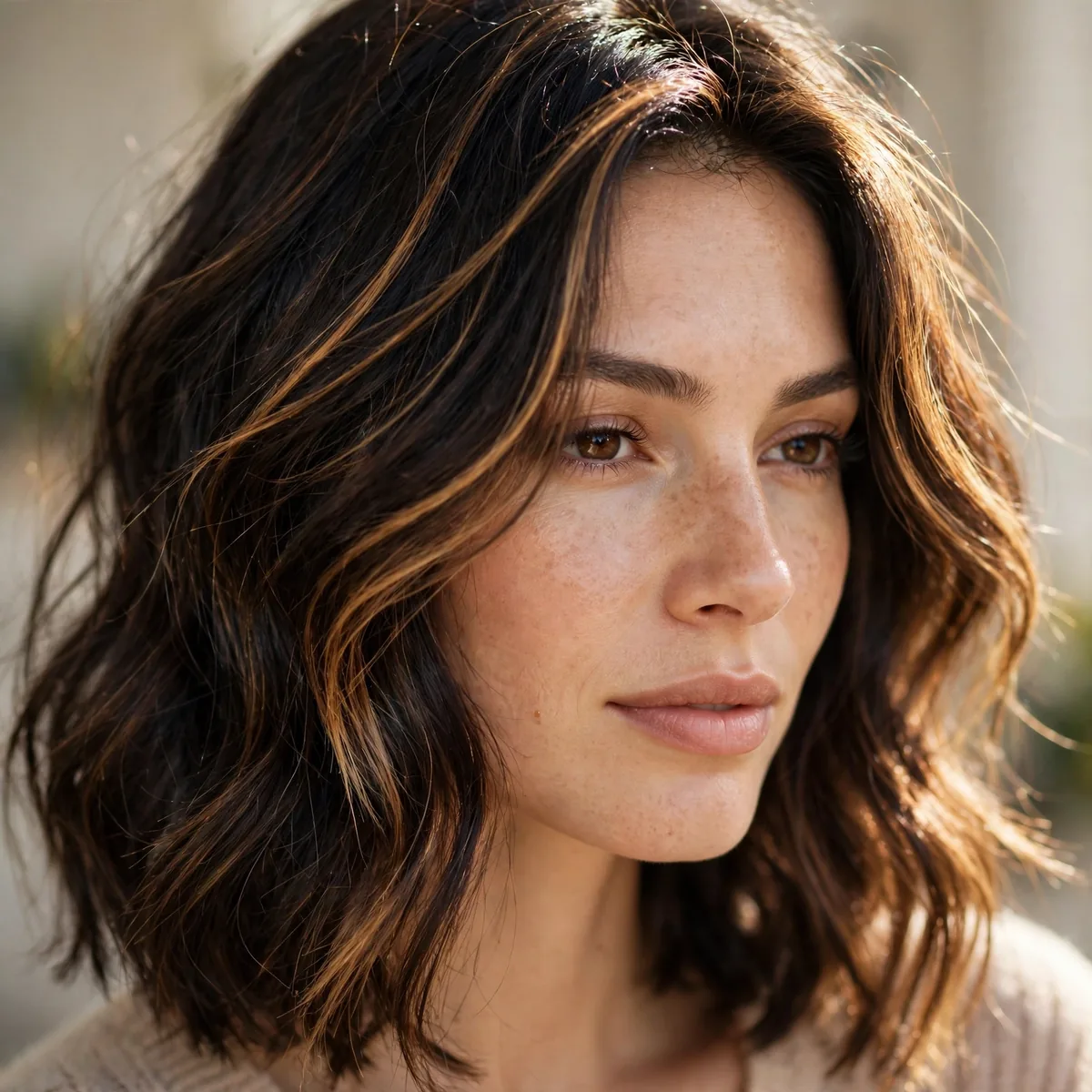 Sun-kissed highlights on dark brunette hair