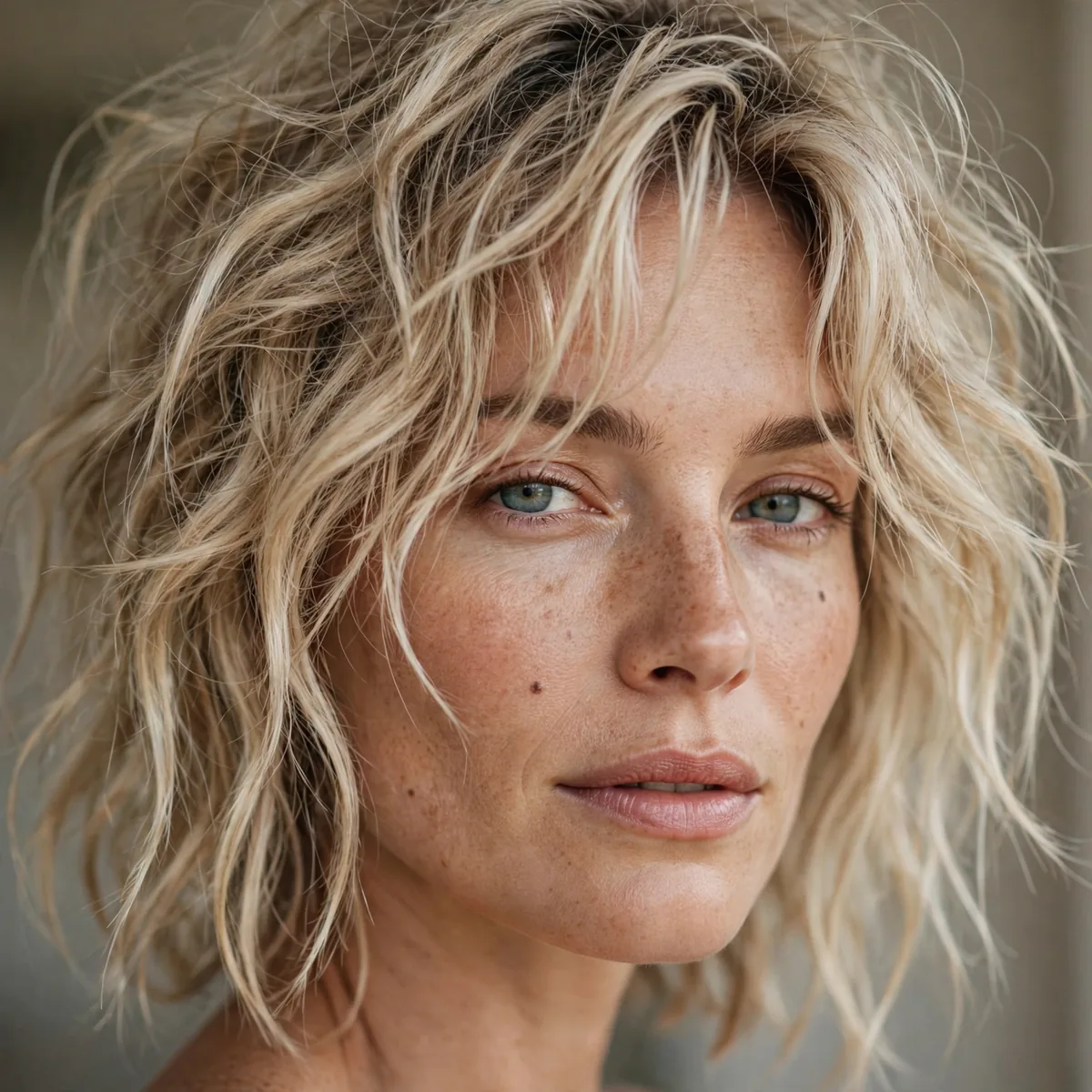 Tousled salt-spray blonde hair