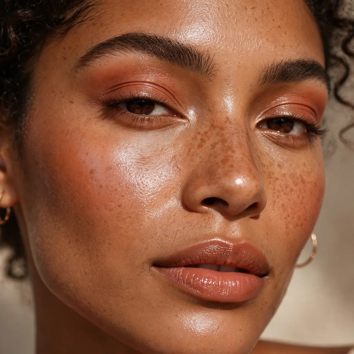 Close-up of Amber Glow Complexion featuring terracotta warmth and dewy pearl