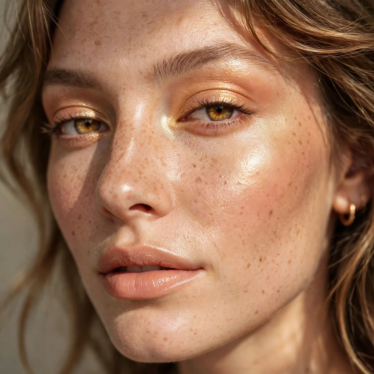 Close-up of Sunbeam Highlight Look featuring gilded peach and soft gold