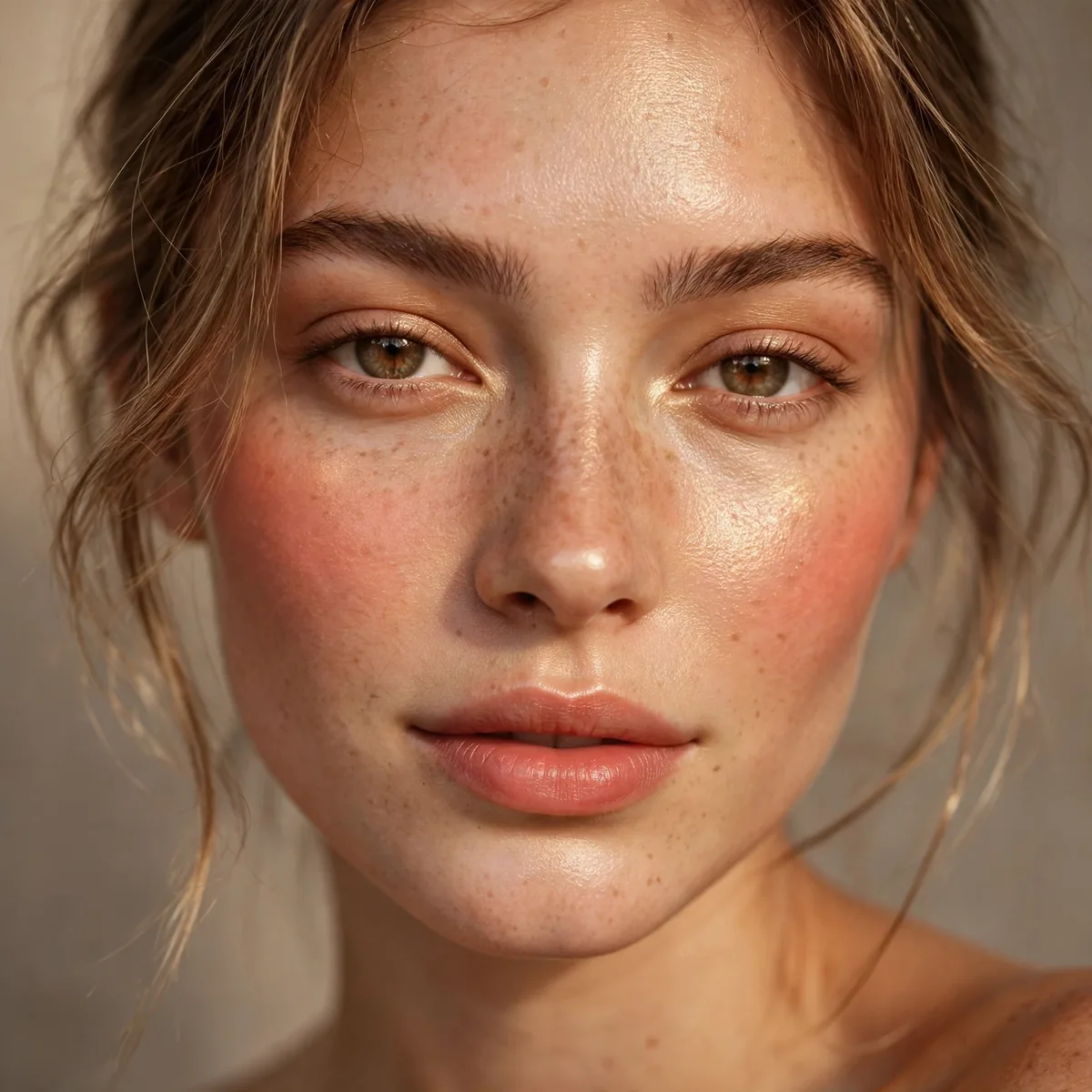 Close-up of Gilded No-Makeup Look featuring coral warmth and creamy glow